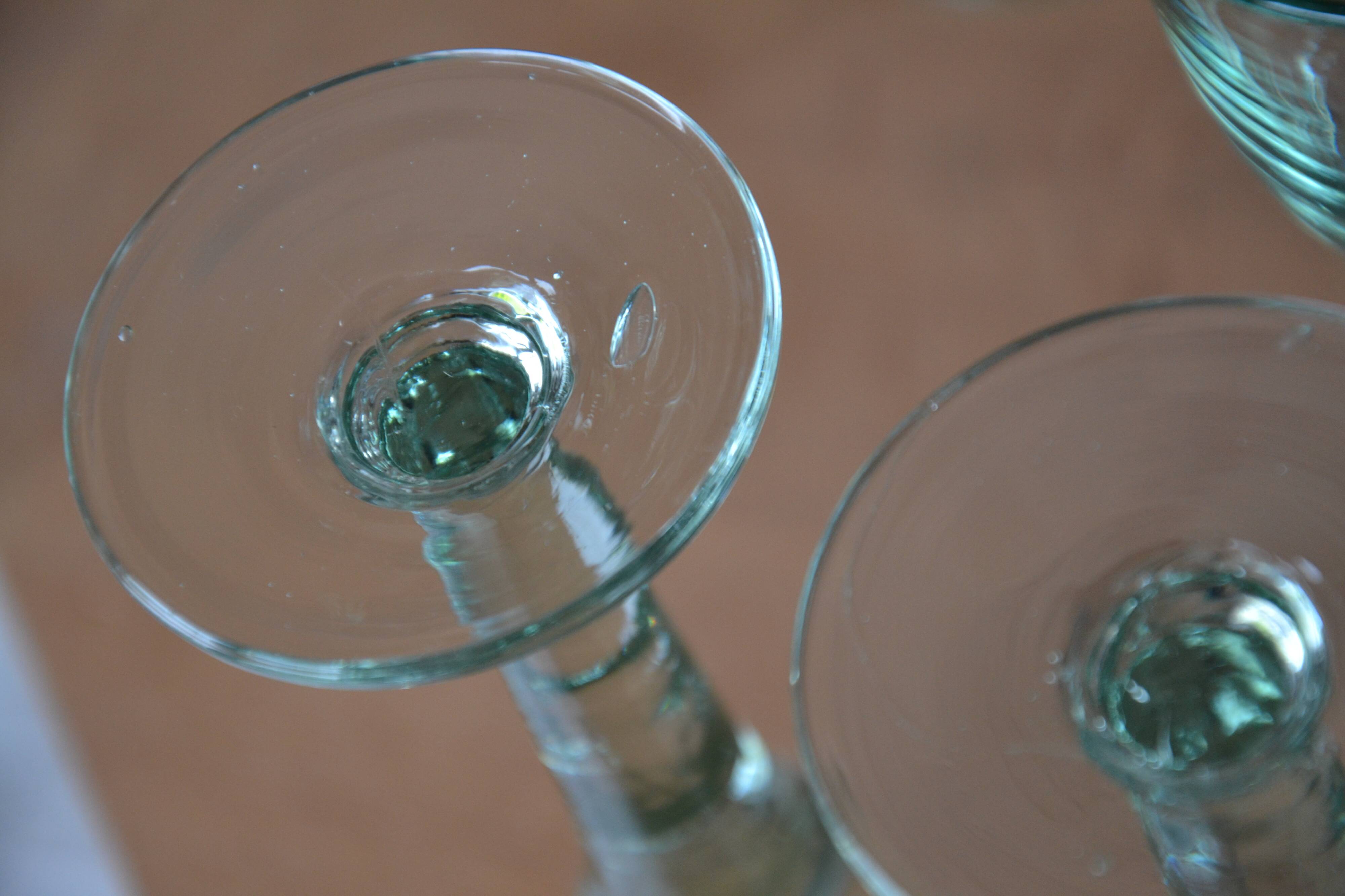 7 green blown glass bubble wine glasses