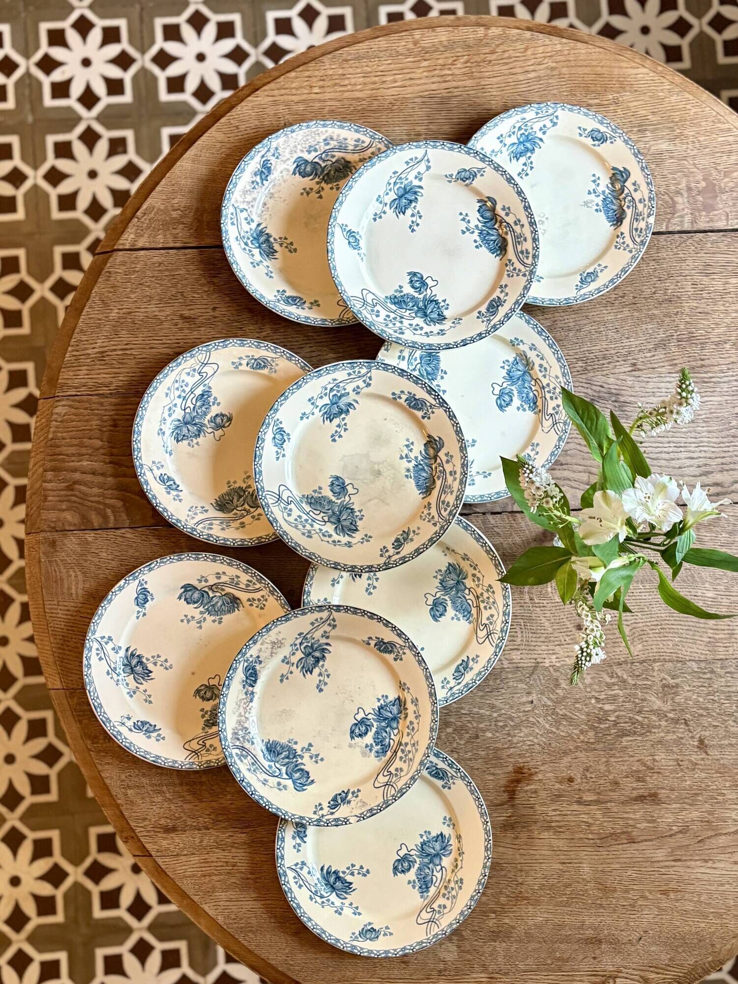 Set of 10 antique flat plates in ironstone, Royat from Sarreguemines.