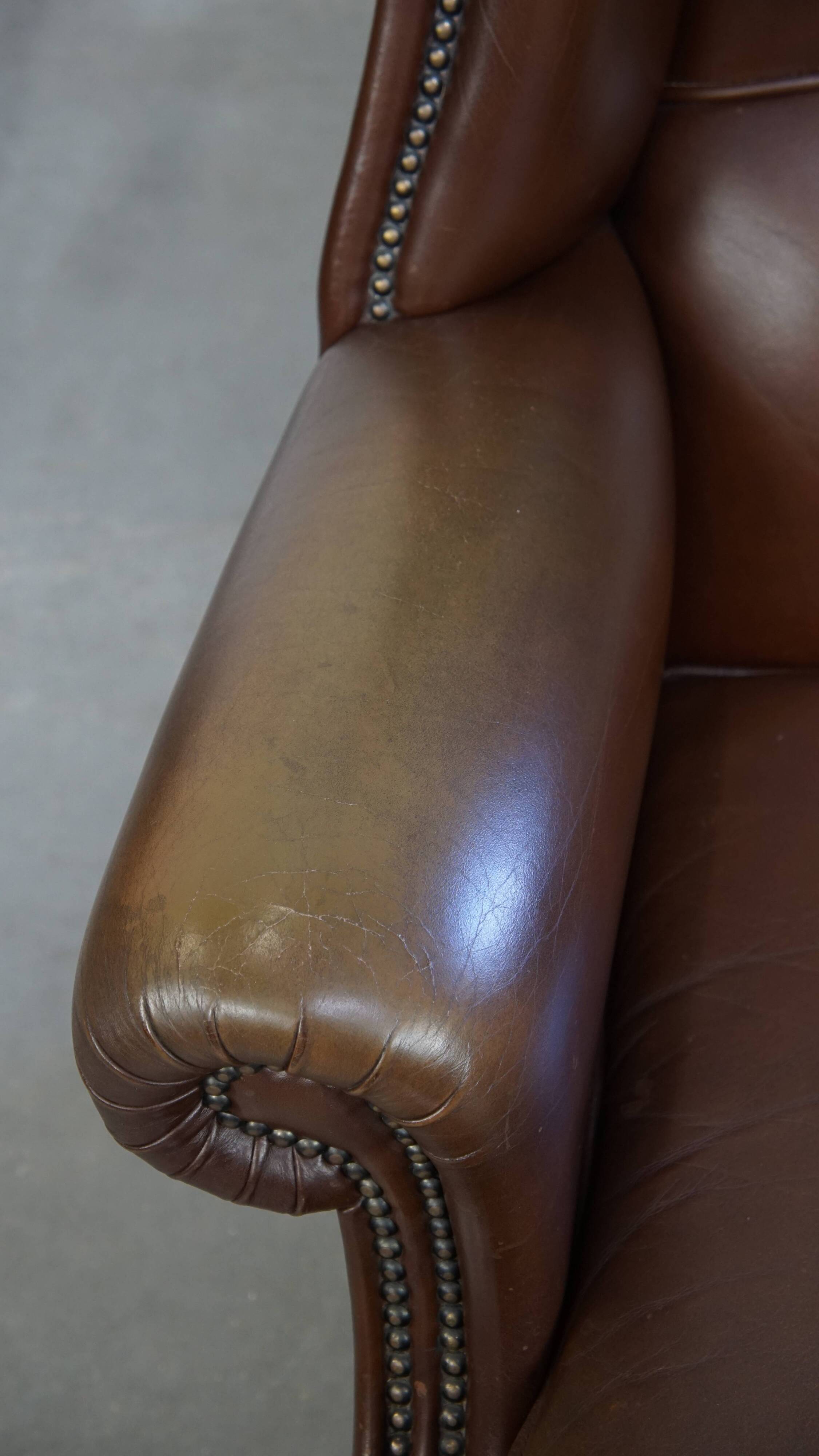 Large Dark Brown Cowhide Leather Wingback Chair