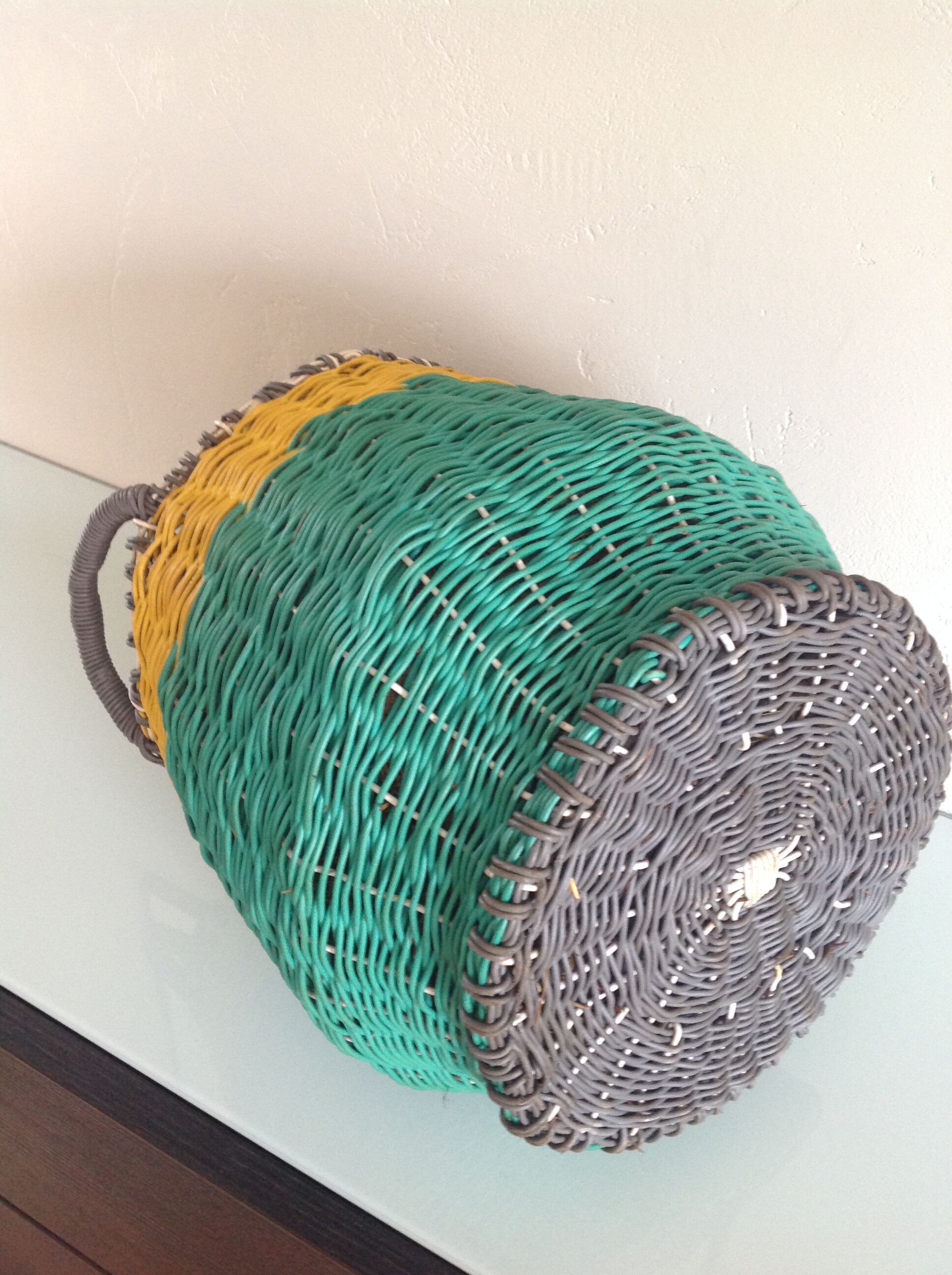 Vintage clothing colorful Wicker bottle green yellow and gray
