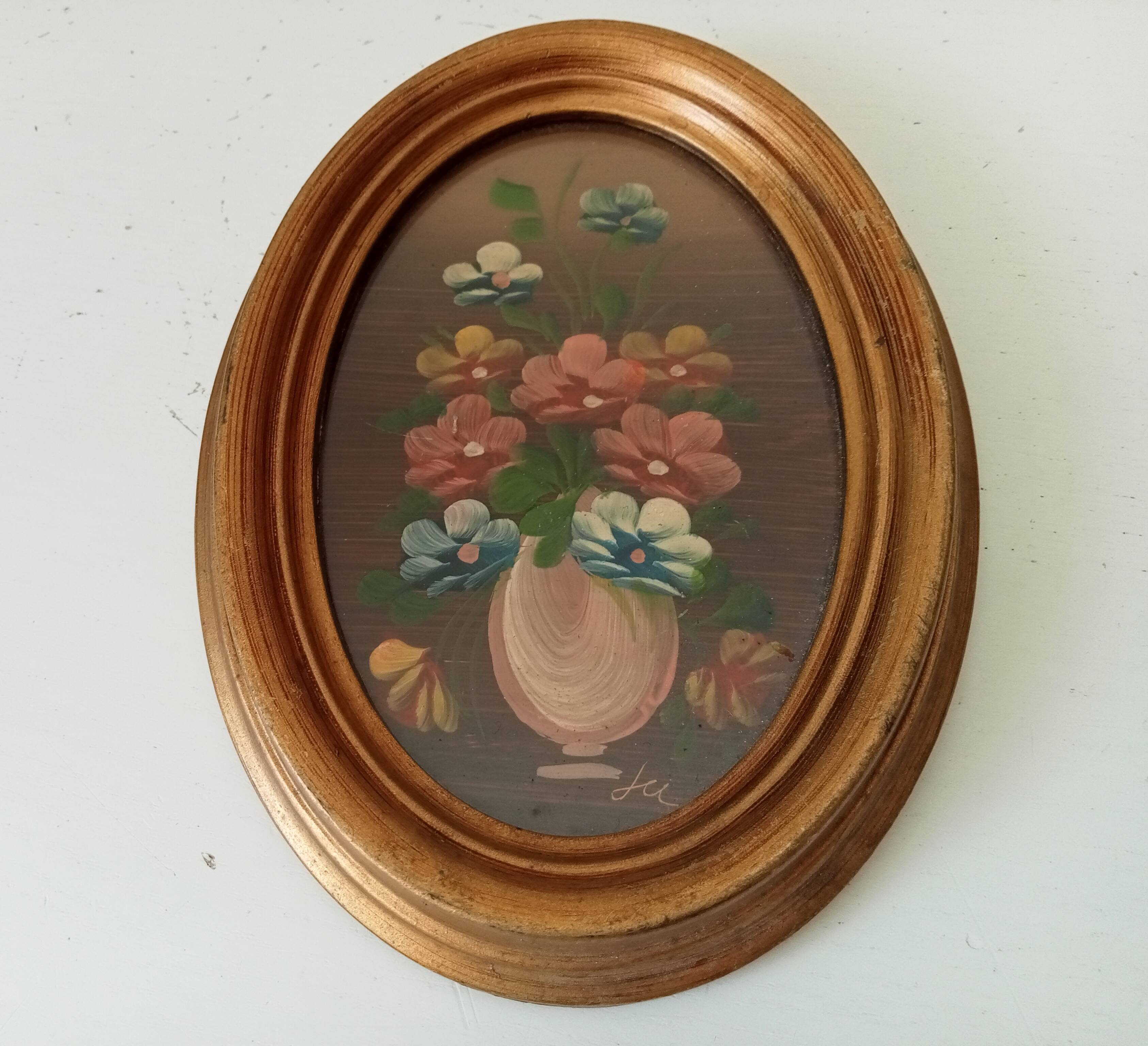 Vintage miniature painting oil painting under glass