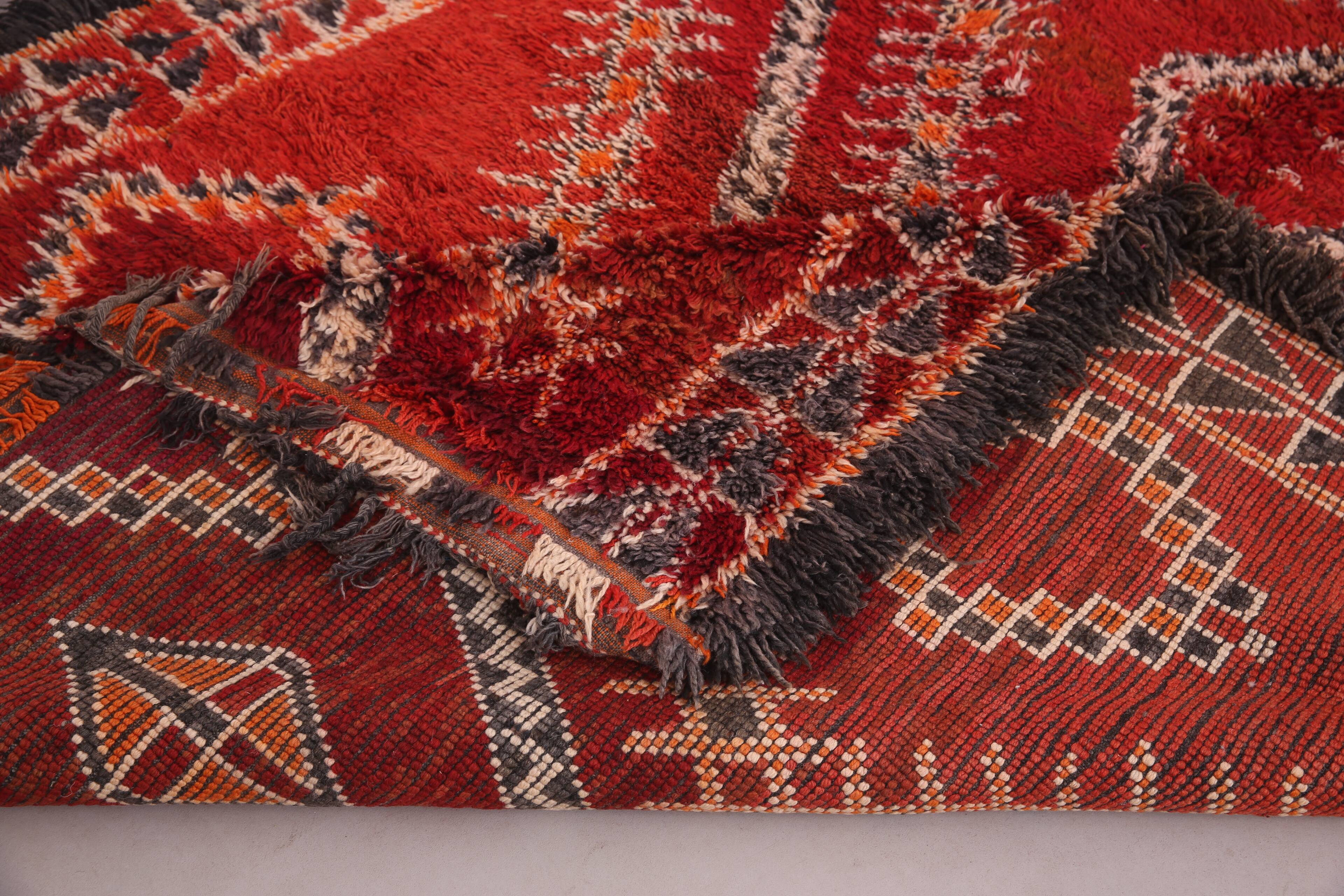Tapis marocain vintage rouge 220 x 356 cm - Tapis en laine berbère rare - Tapis fait main