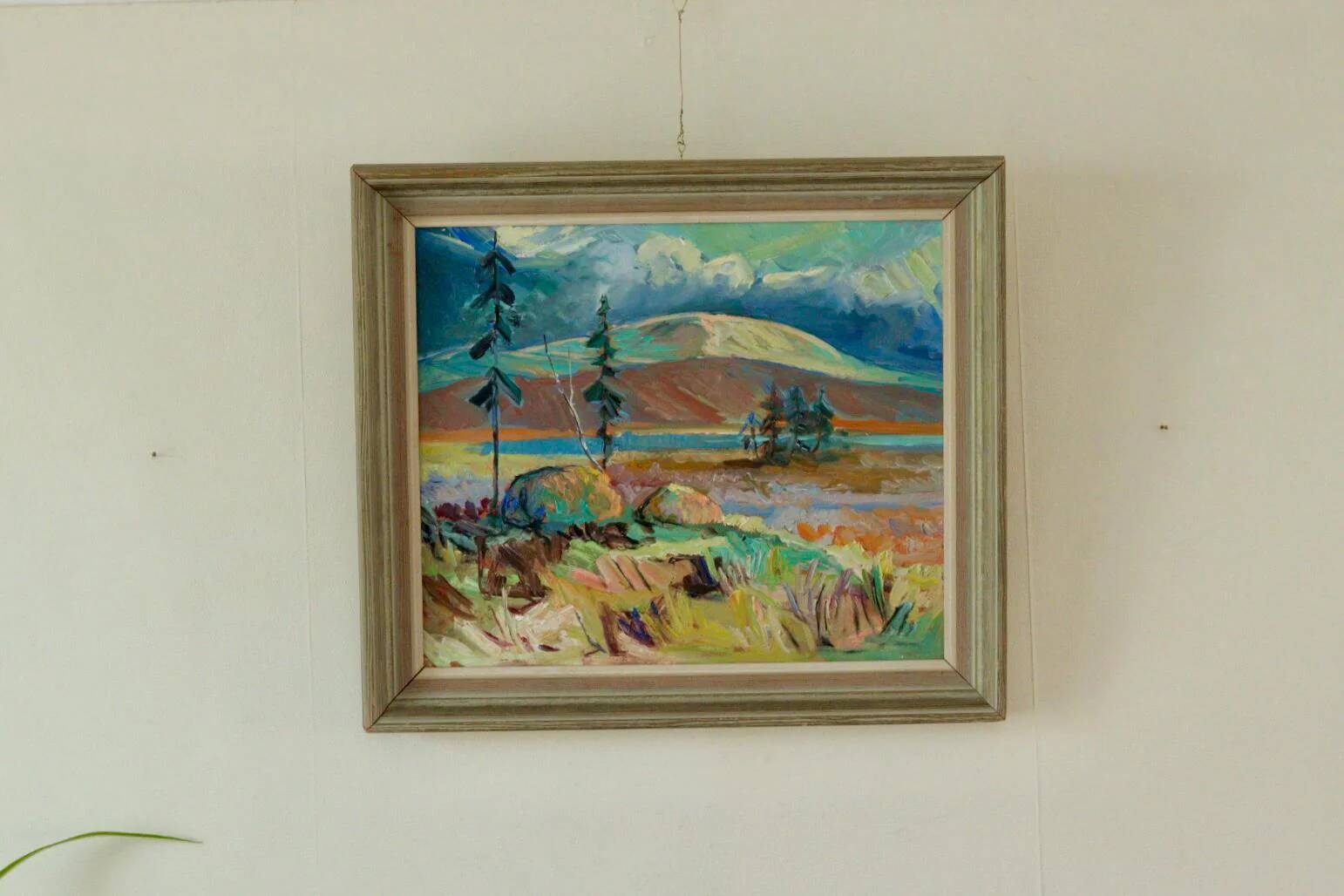 Huile sur panneau originale du milieu du siècle – « Paysage avec montagne »