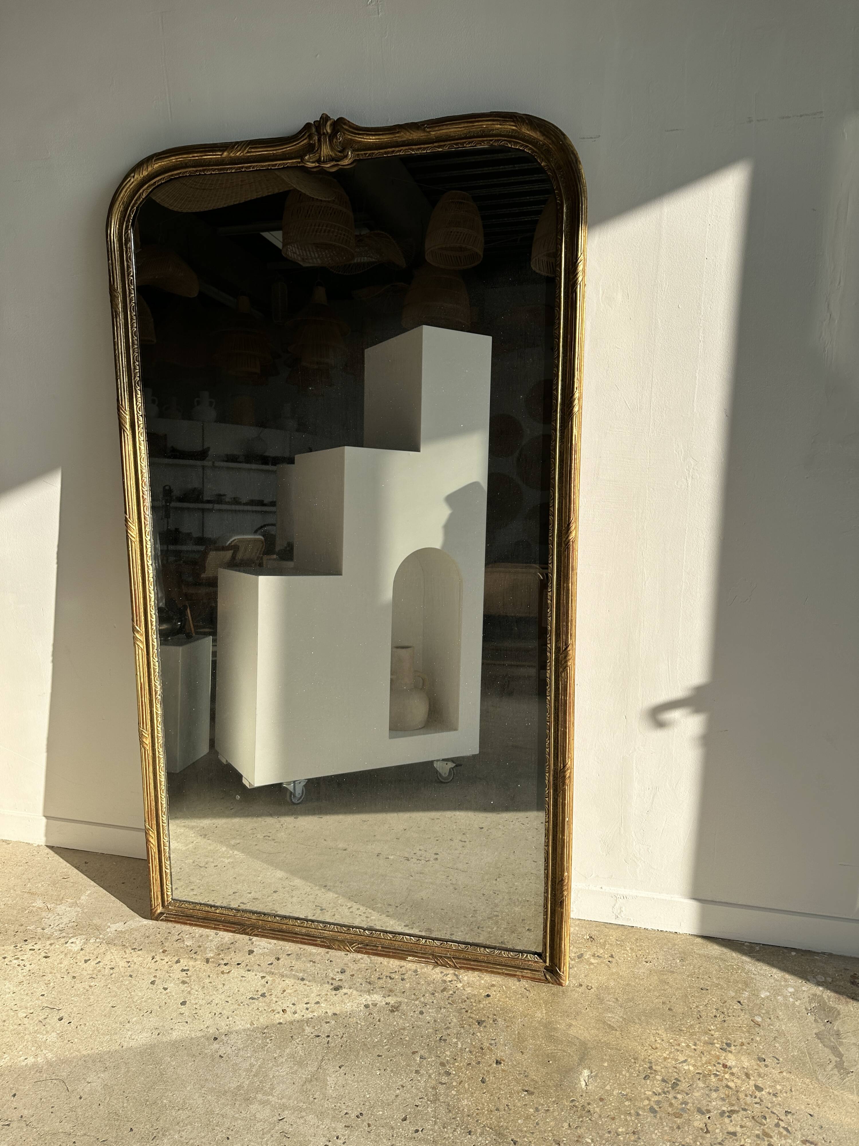 Large gilded mirror 19th century rounded corners mercury glass Louis XVI style
