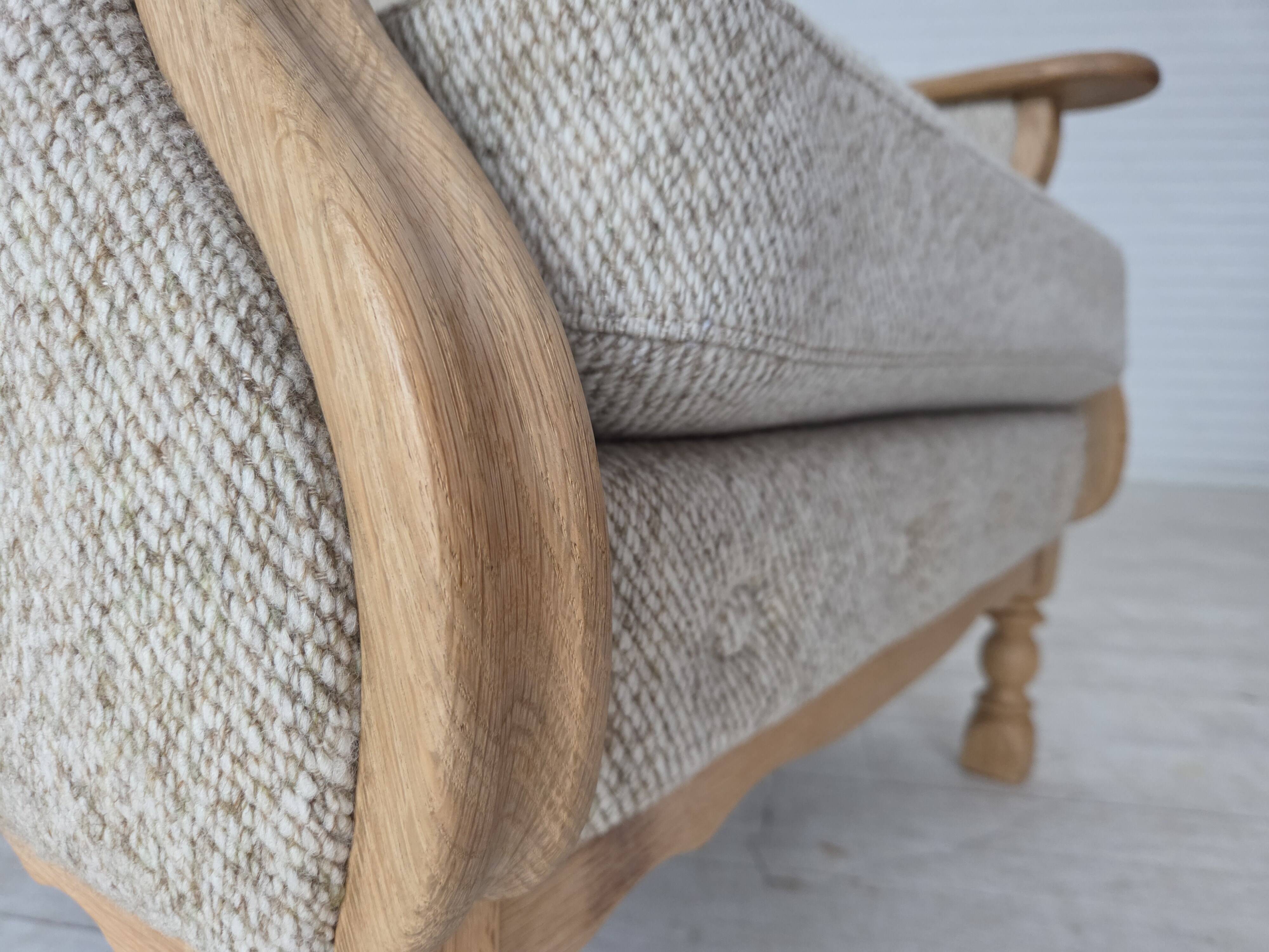 1970s, Danish highback armchair, furniture wool, solid oak wood.