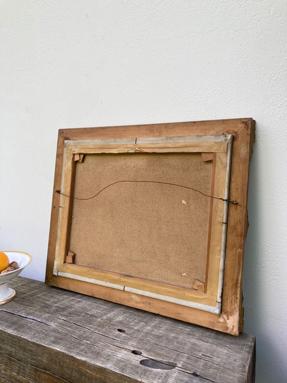 Painting on canvas still life old gilded wood frame / vintage fruit painting grape apple vase and jug