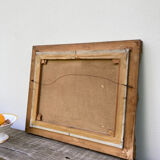 Painting on canvas still life old gilded wood frame / vintage fruit painting grape apple vase and jug