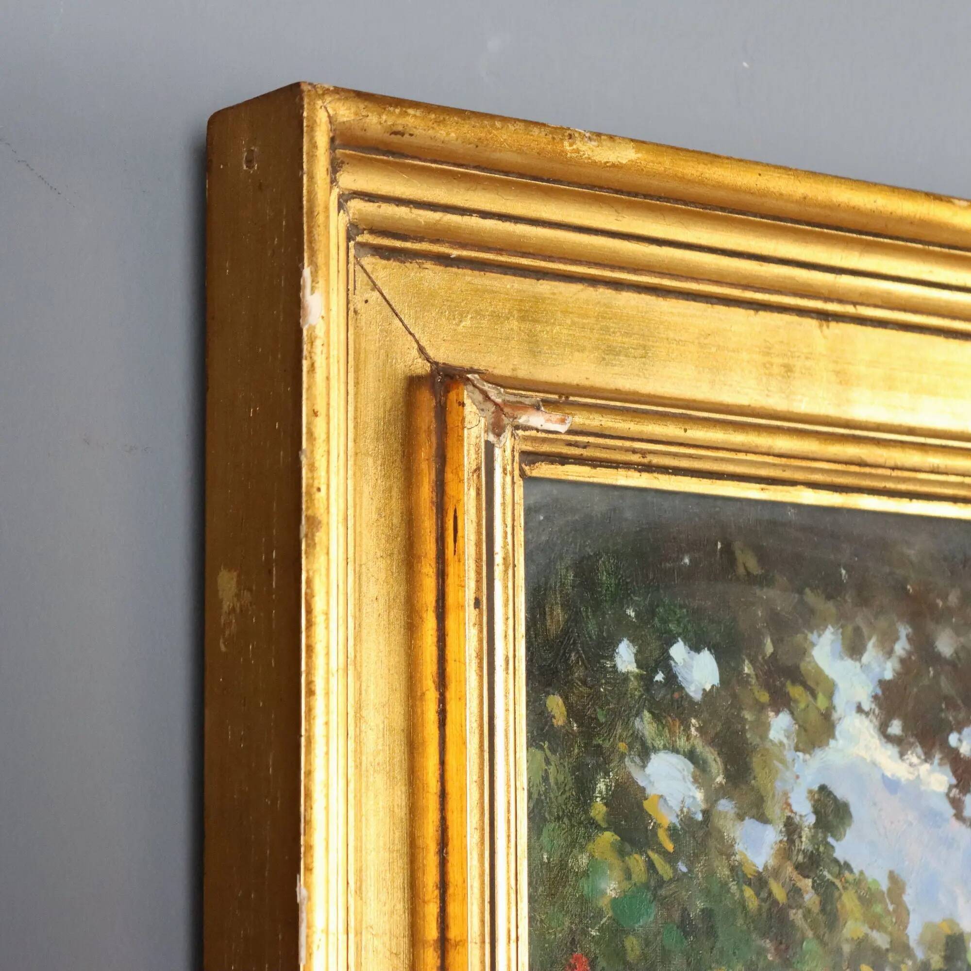 Old painting "The Porch" oil on canvas signed G. Esposito XX Century