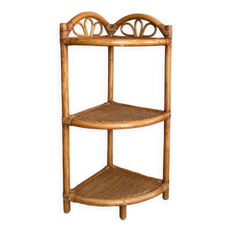 Vintage corner shelf with double pediments, bamboo and rattan material, 1970s