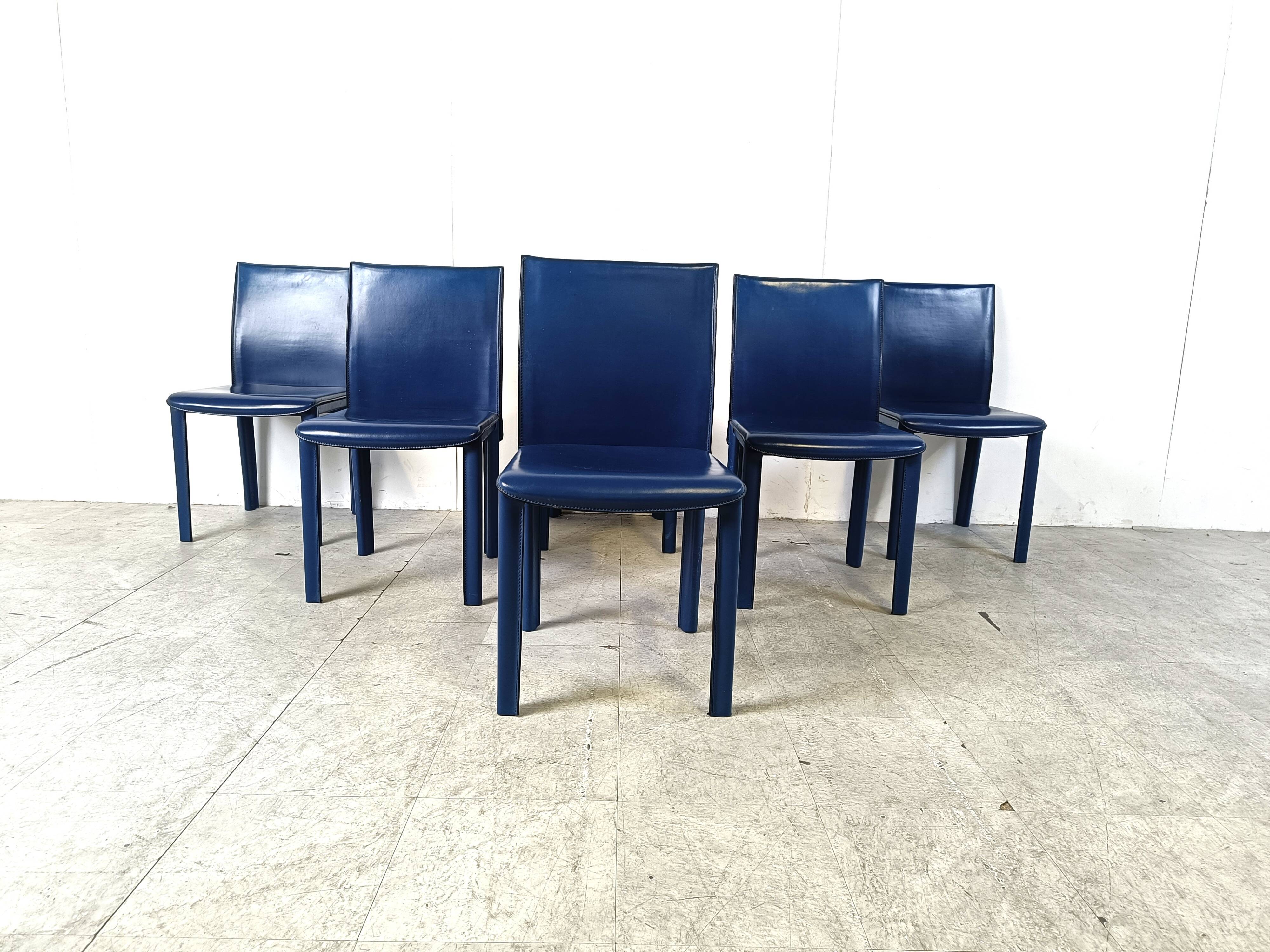 Vintage blue leather dining chairs by Arper Italy, 1980s