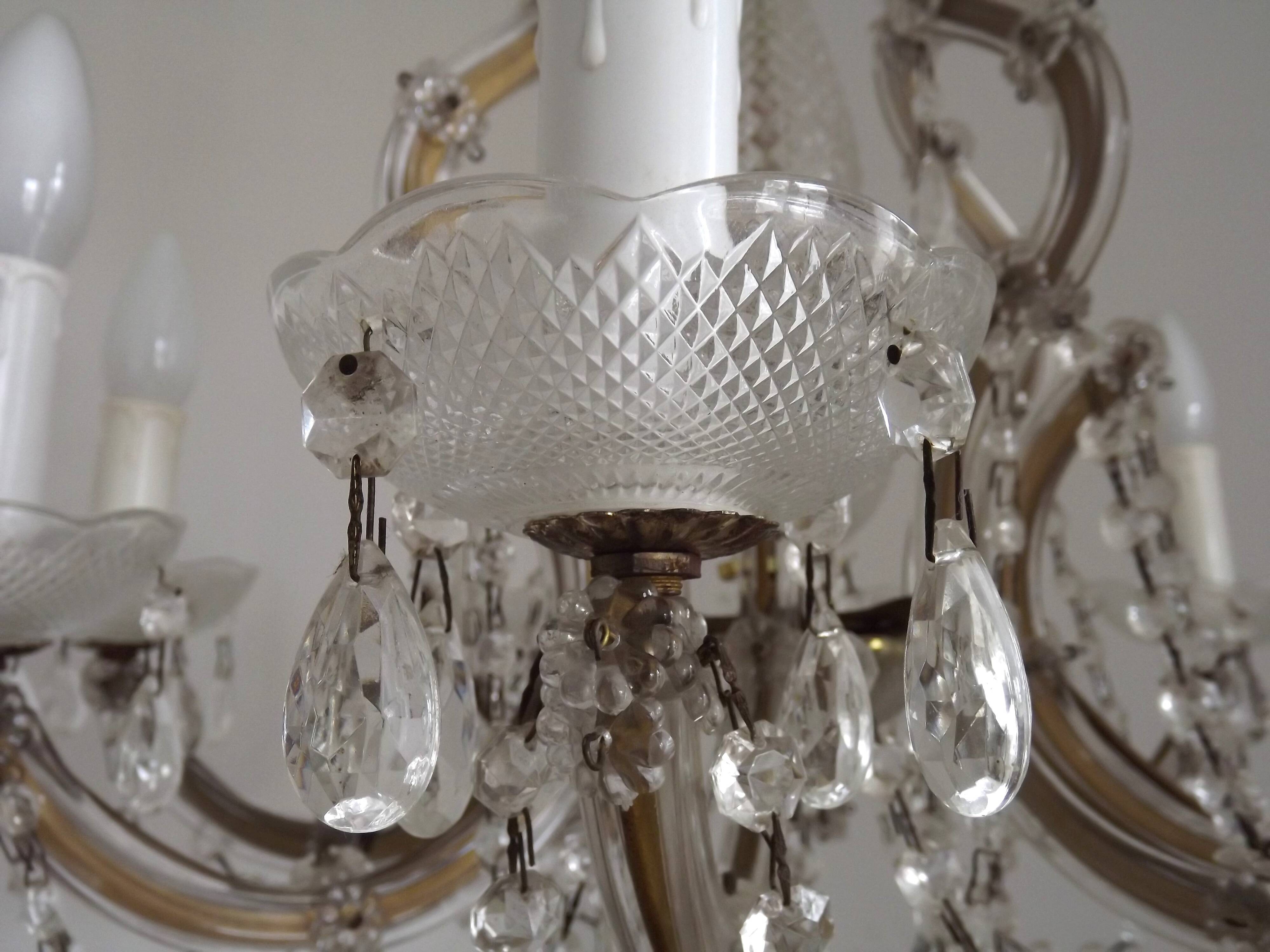 Mid-Century Brass Glass & Crystal Maria Theresa Style 8 Arm Chandelier 5446