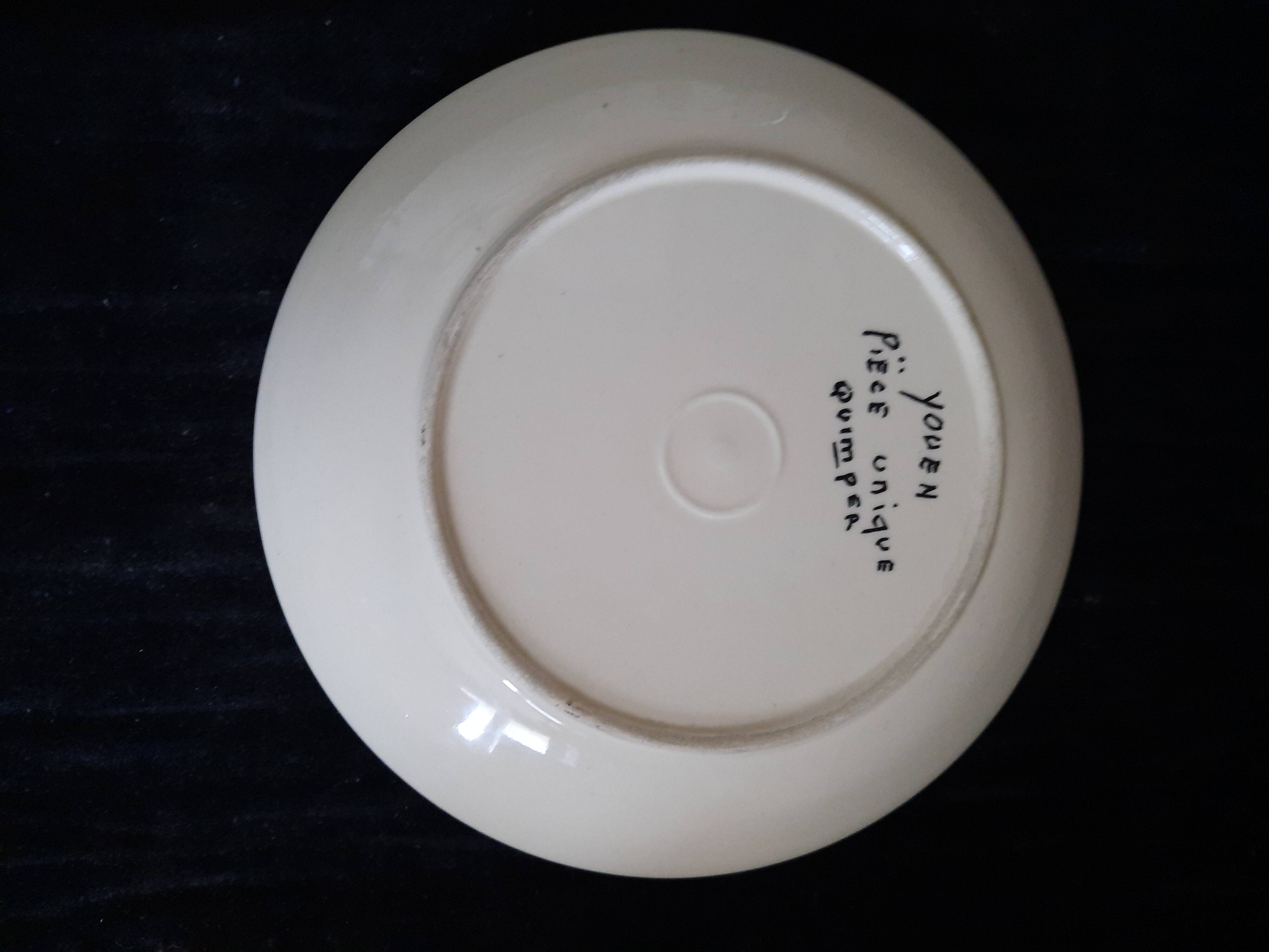 Ceramic Plate Youen Quimper Breton Decor Unique Piece Hand Painted 21,