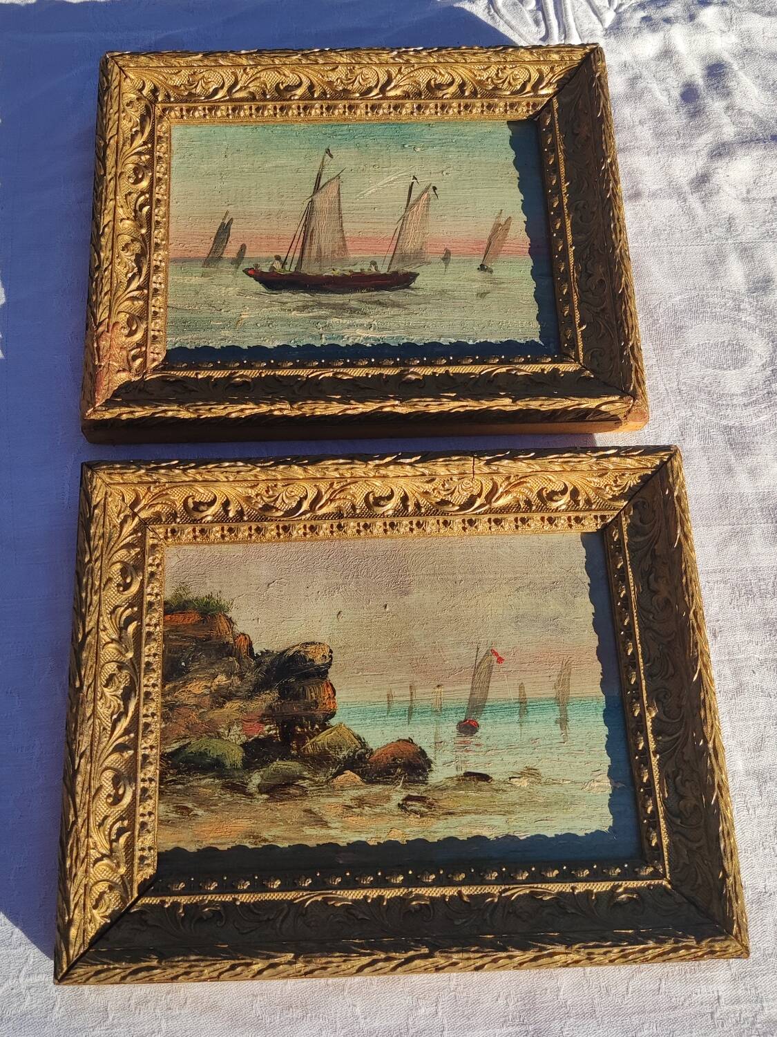 2 old paintings - oil on wood - theme: marine
