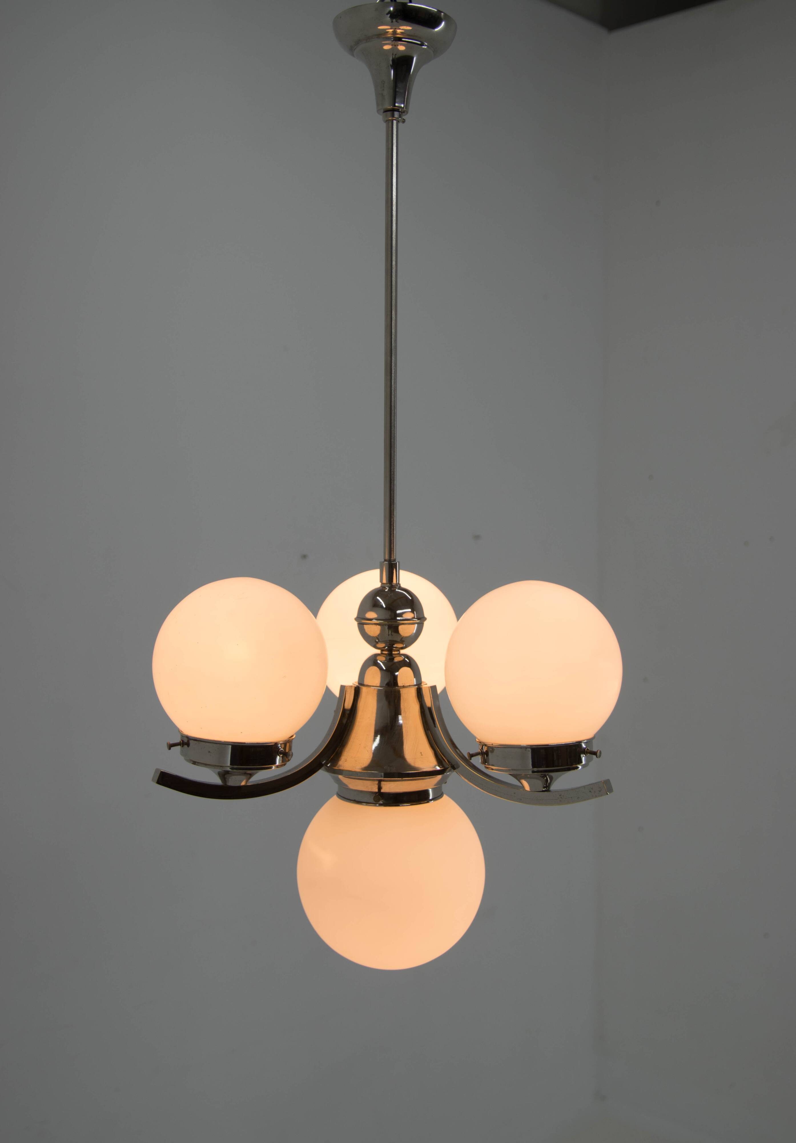 Art deco nickel and glass chandelier, 1930s