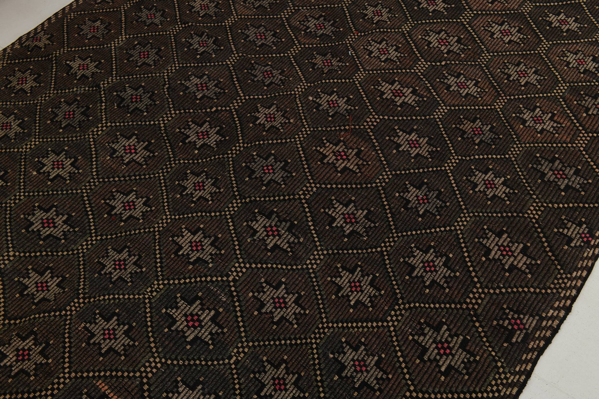 Tapis Kilim Vintage Noir et Brun à Motifs Géométriques, 183x297 Cm