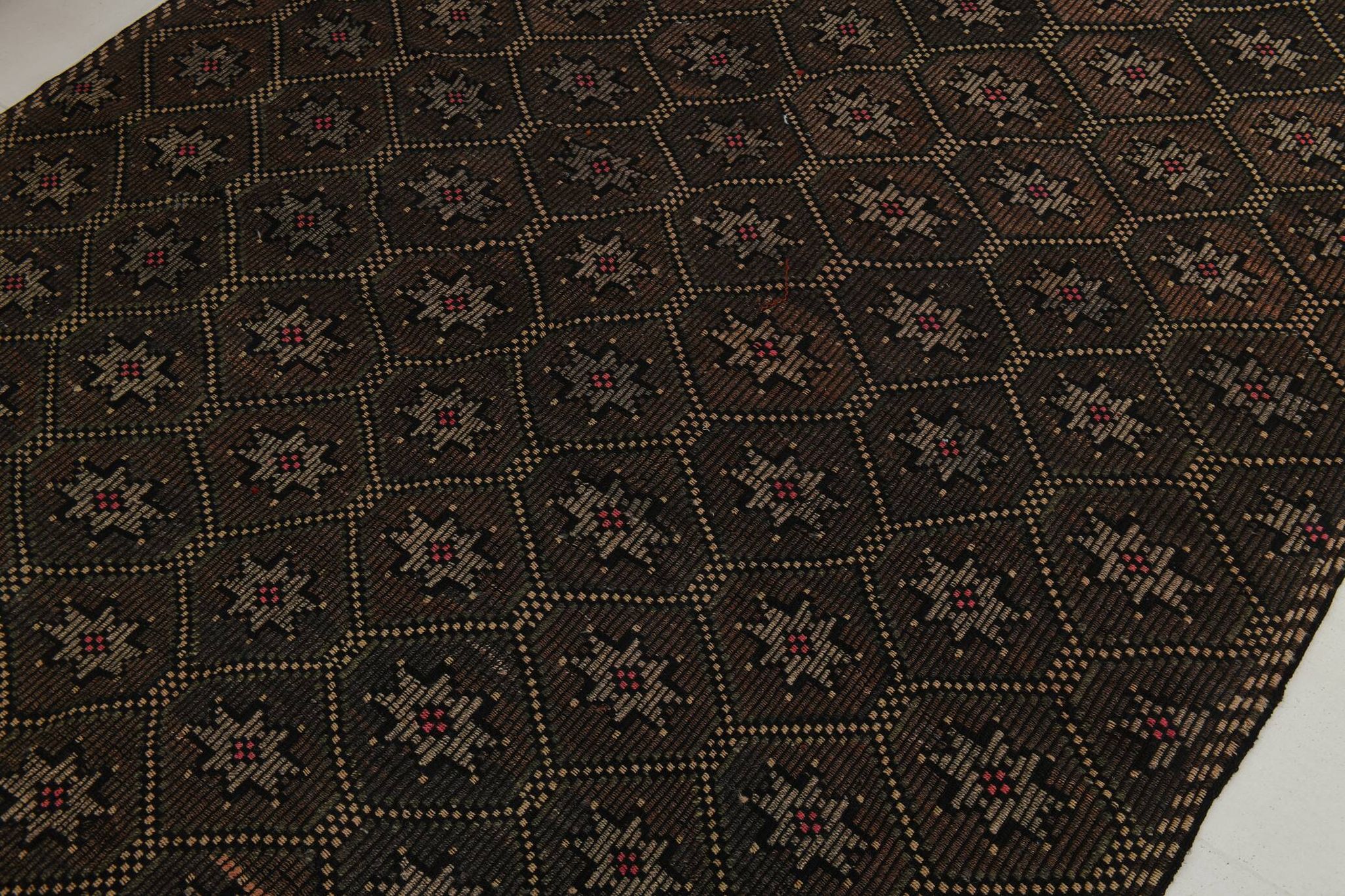 Tapis Kilim Vintage Noir et Brun à Motifs Géométriques, 183x297 Cm