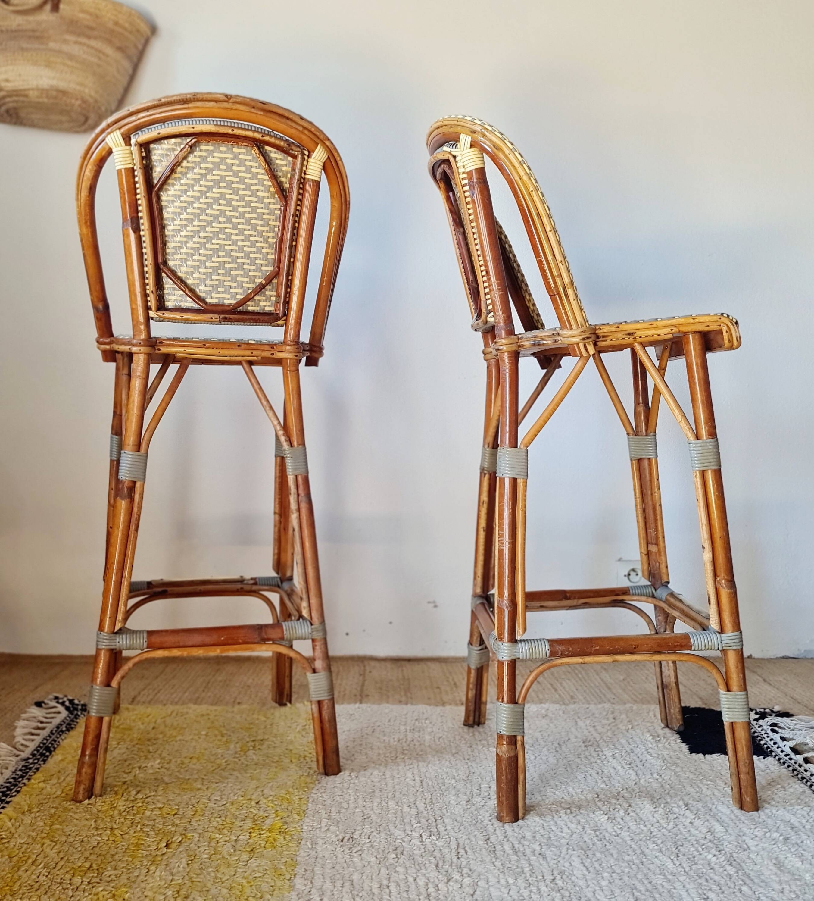 Vintage Gaty bar stools in two-tone rattan and caning.