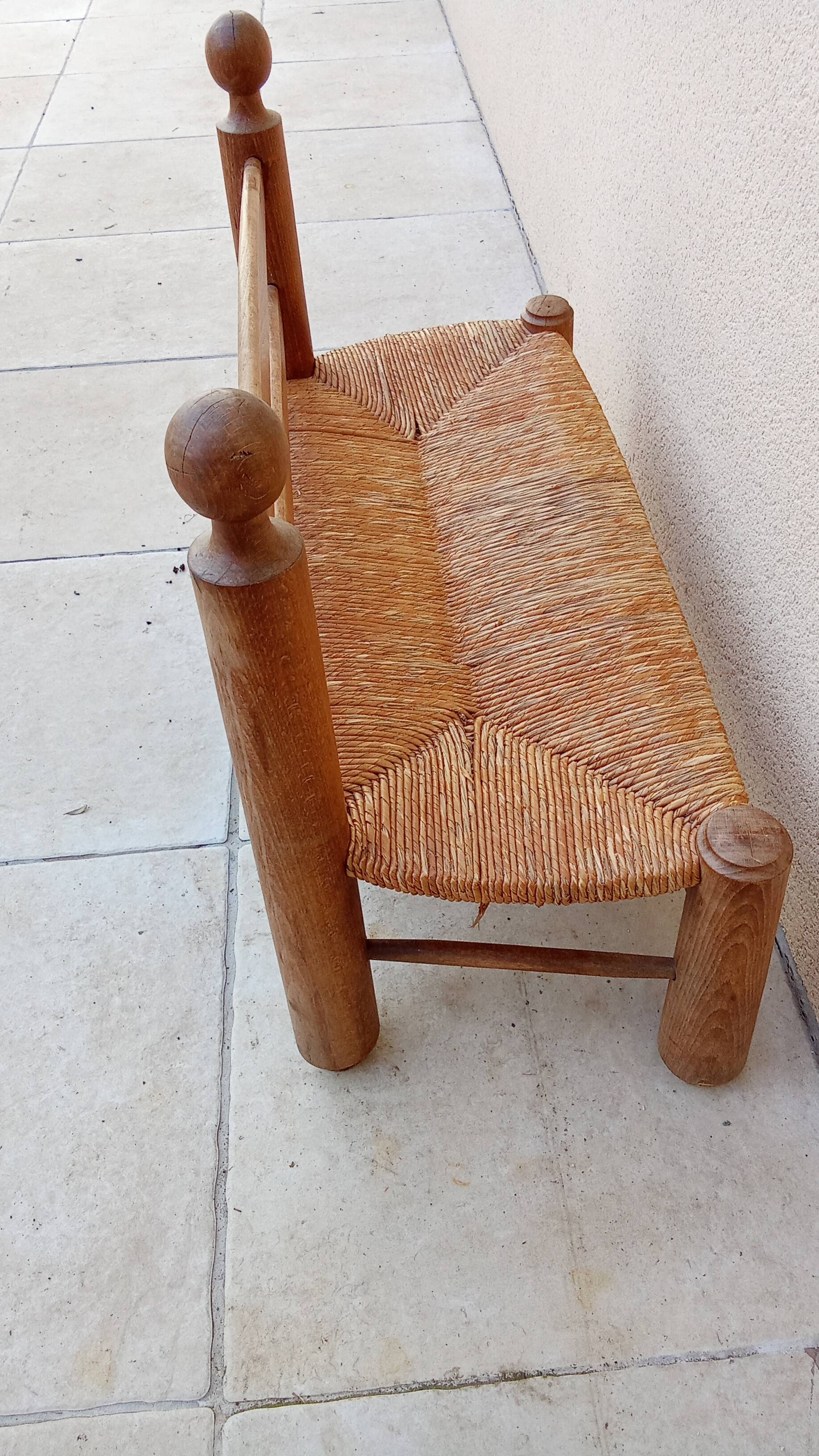 Banc vintage bois et paille esprit perriand année 50