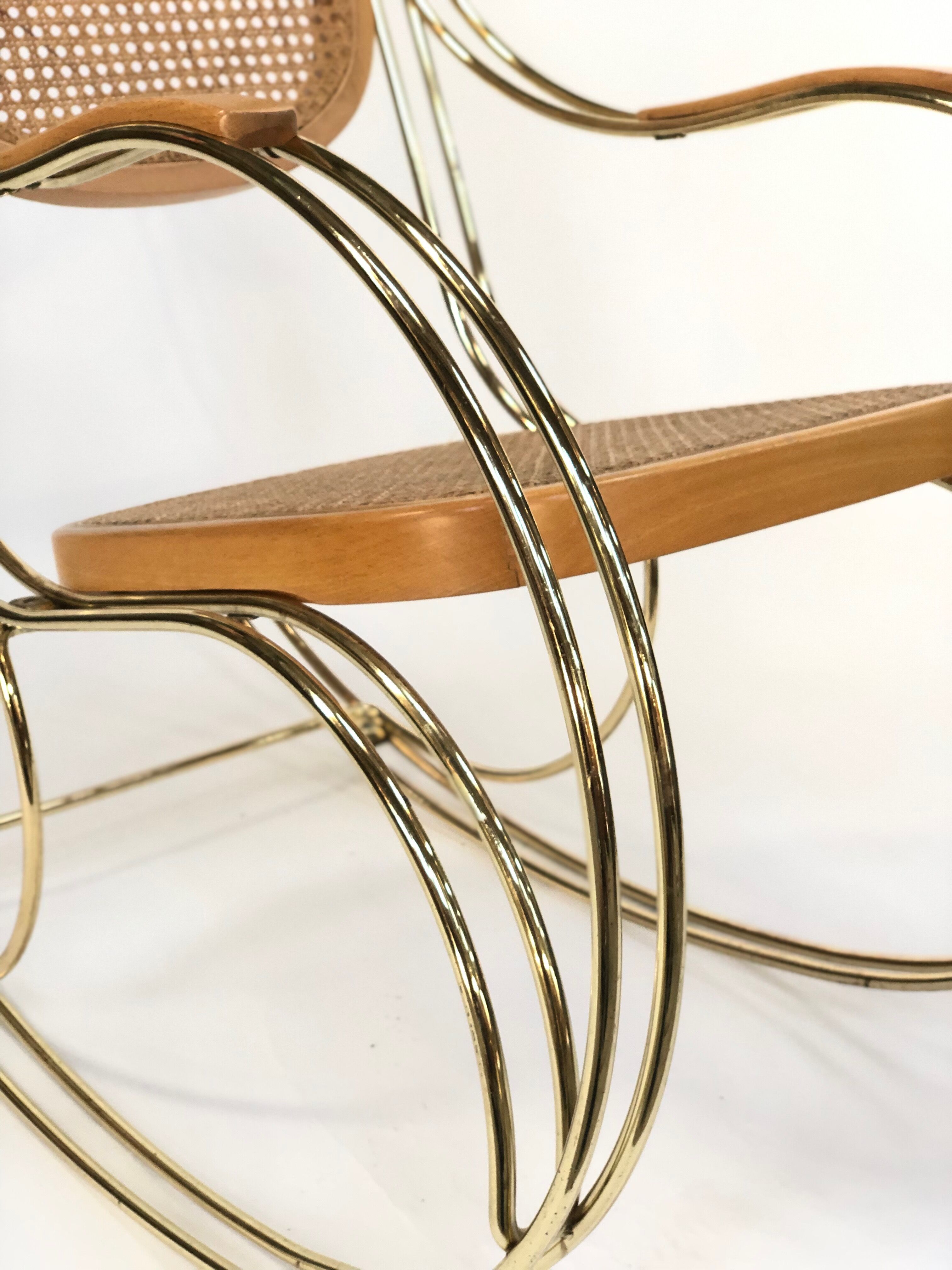 Vintage brass curved wooden rocking chair