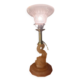 Art Deco lamp from 1920 to 1940, very beautiful pink moulded glass tulip, 28x19, electrical works fine.