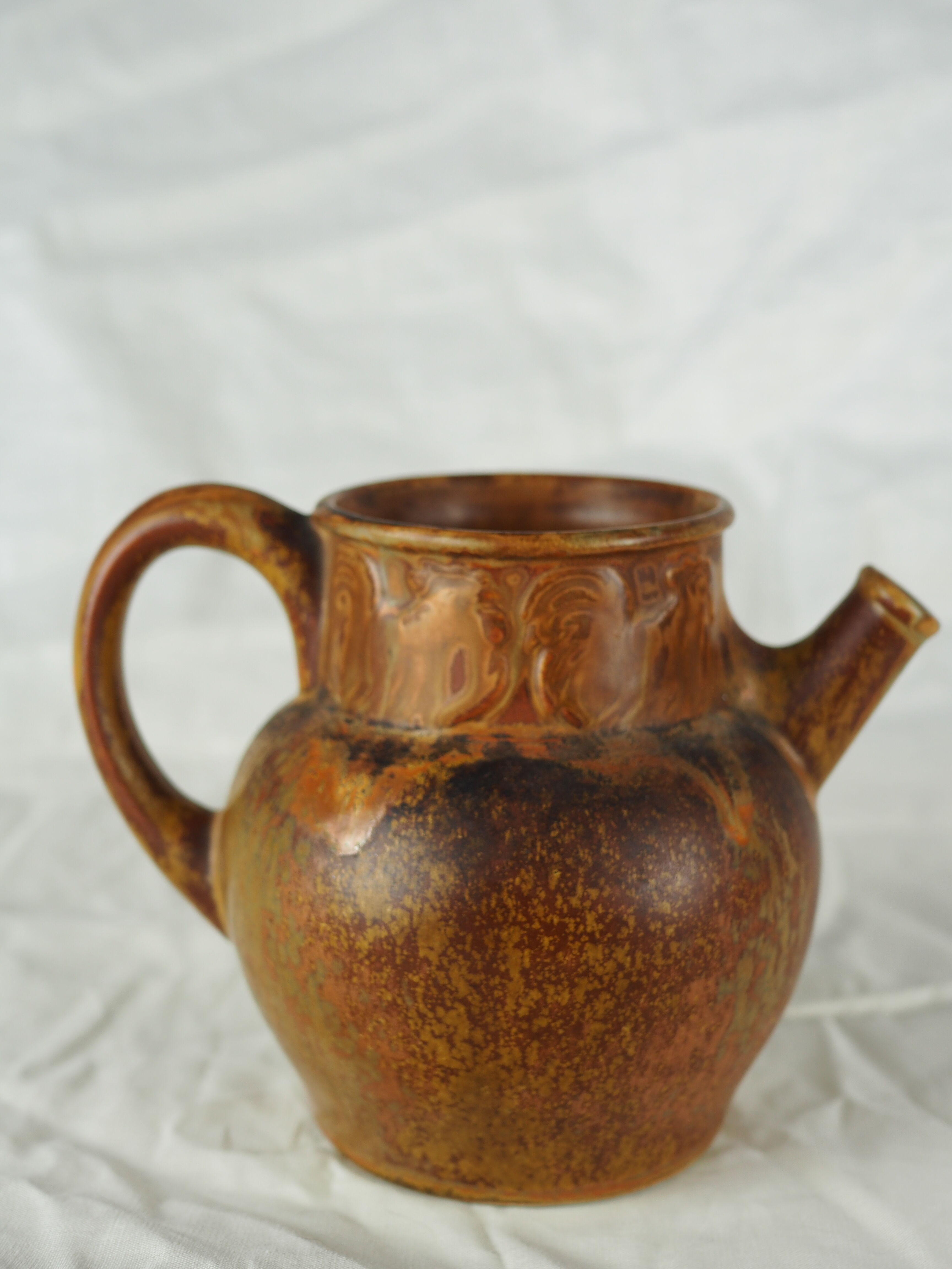 Rooster frieze pitcher, glaze with warm brown drips, ochre and volcanic - Denbac - 30s