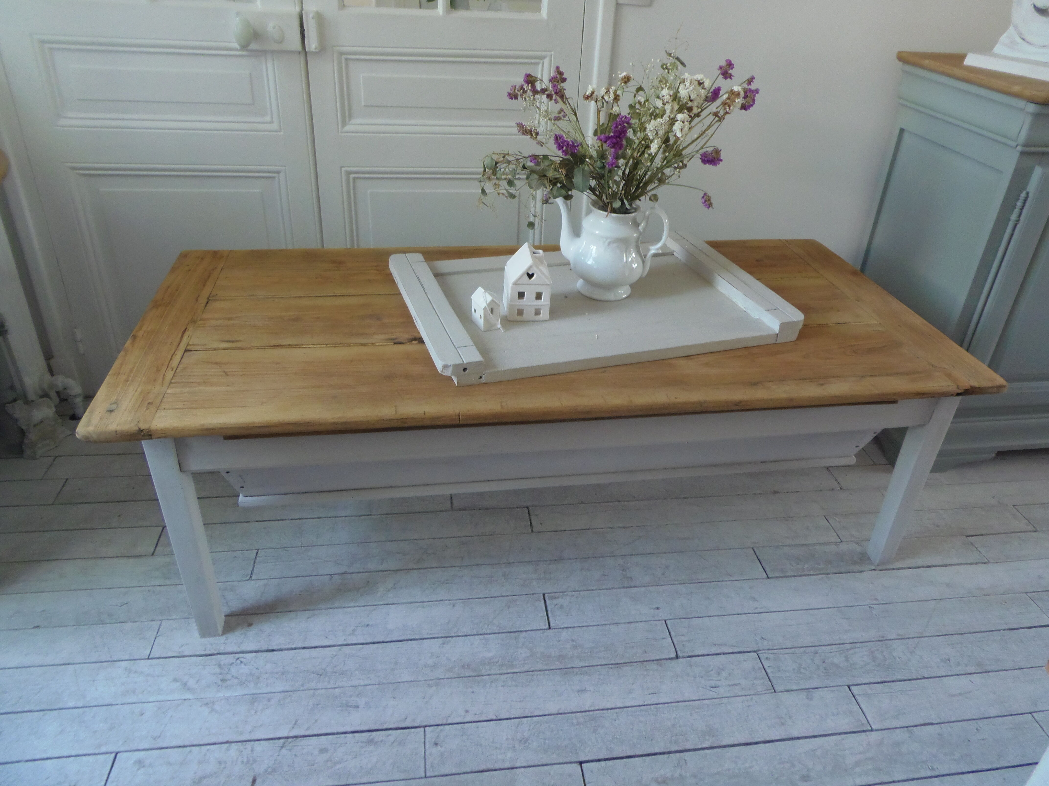 Coffee table made from an authentic farmhouse table, leg patinated pearl gray