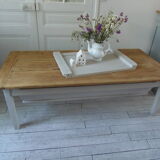 Coffee table made from an authentic farmhouse table, leg patinated pearl gray