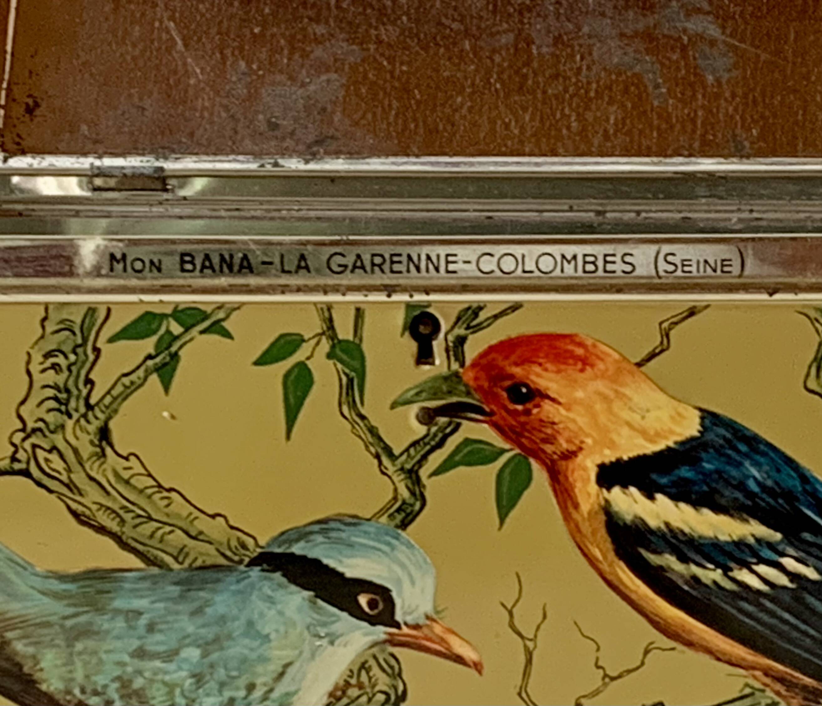 Large metal box - lithograph signed M. Beaudet - bird decoration