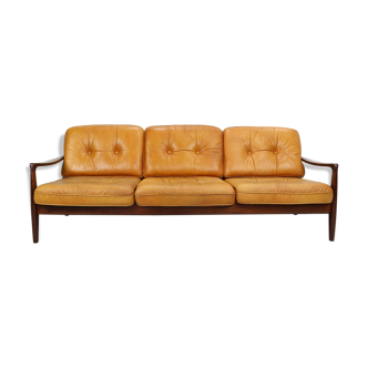 Vintage cognac leather three-seat sofa, 1960