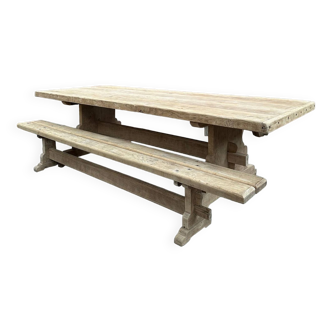 Grande table de ferme en chêne et ses deux bancs