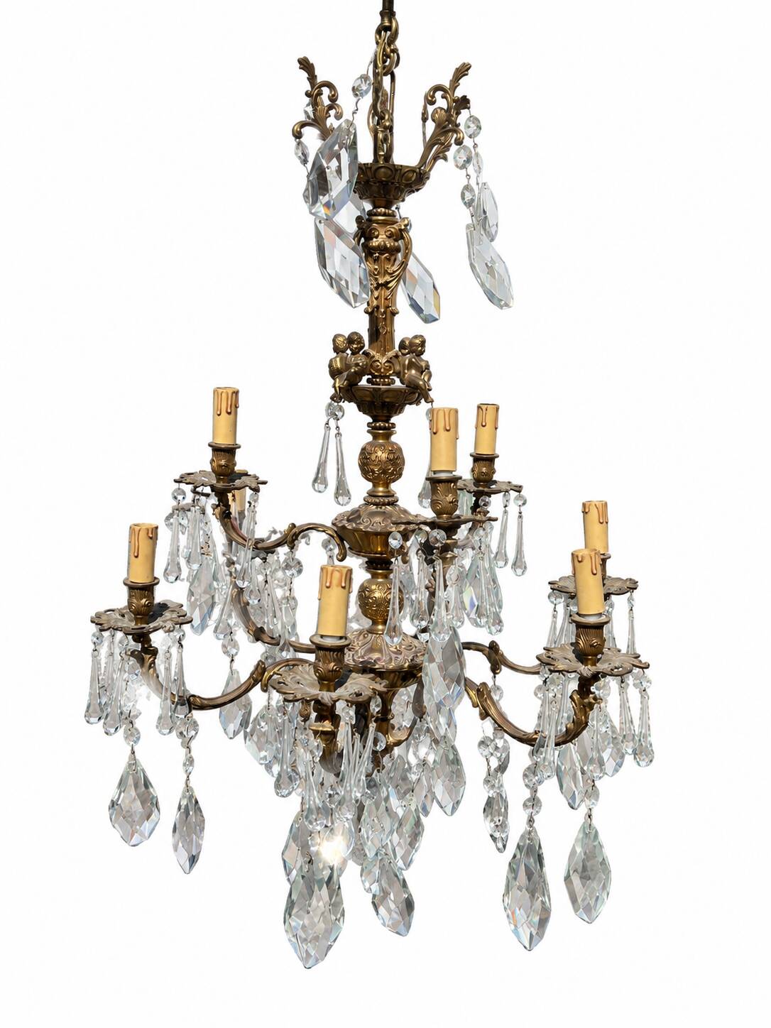 Large antique chandelier with 9 lights, bronze and cut glass pendants, cherubs, style