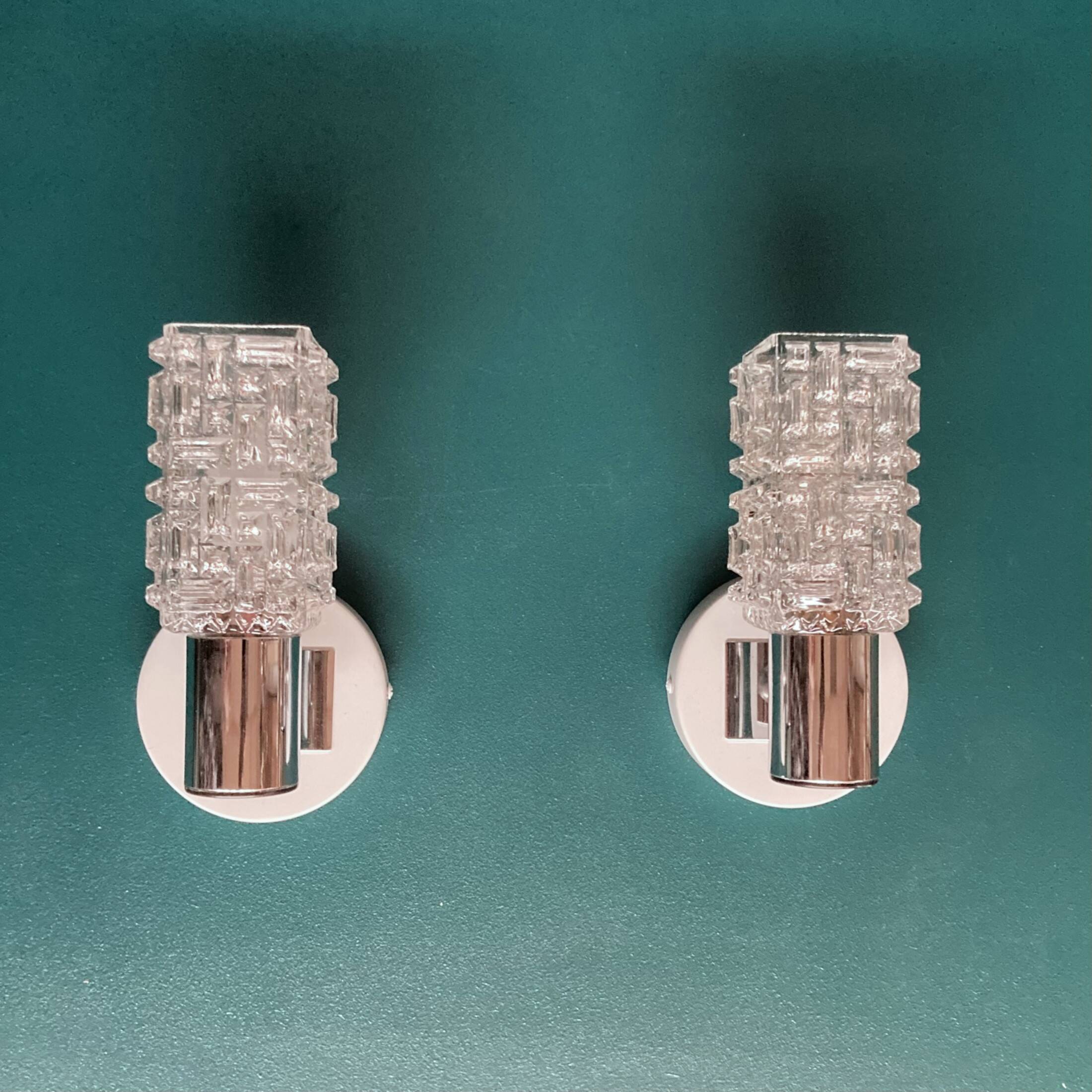 Pair of wall lights stainless steel glass minimalist 1970 seventies antique transparent luminaire