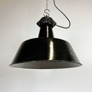 Industrial black enamel factory lamp with cast iron top, 1960s