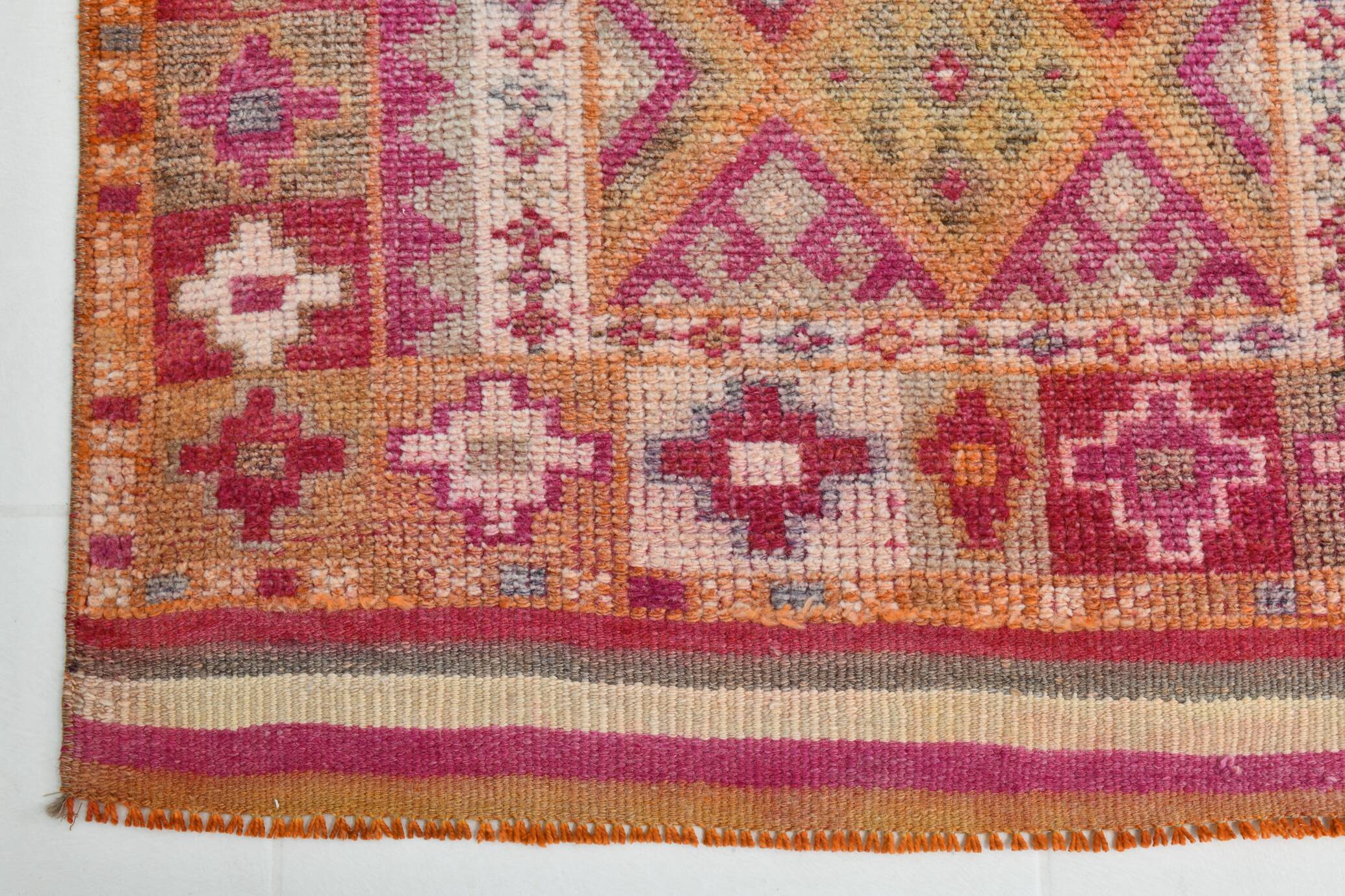 Tapis couloir kilim vintage, Tons pastel rose, bleu et beige, 94x409