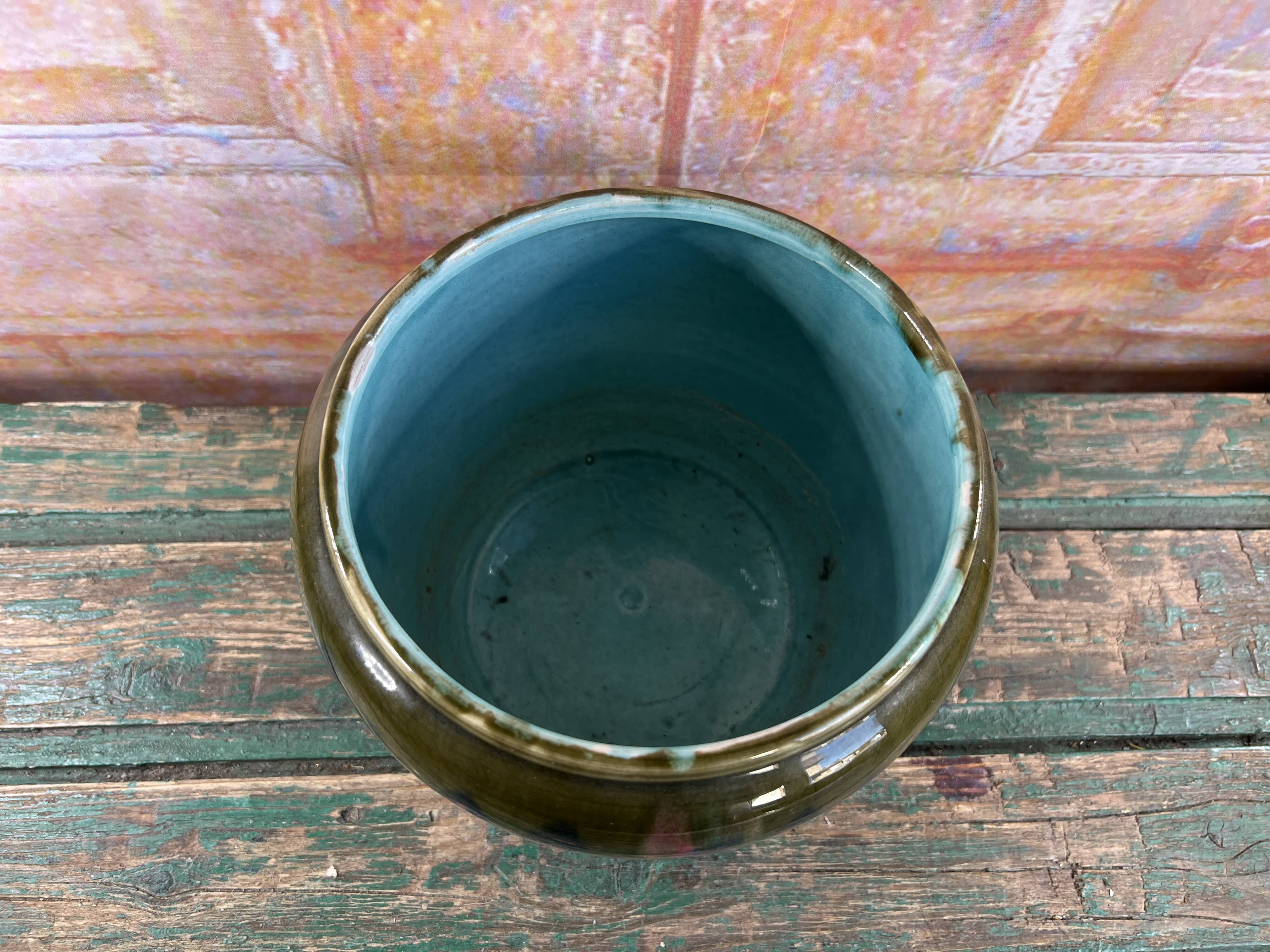 Ceramic planter signed Orchies – France, blue and green enamel