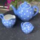 Lavender blue earthenware tea service with white polka dots from Digoin Sarreguemines.