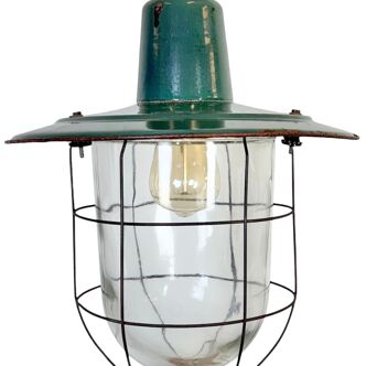 Industrial Green Enamel Cage Pendant Light, 1960s