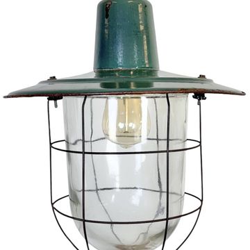 Industrial Green Enamel Cage Pendant Light, 1960s