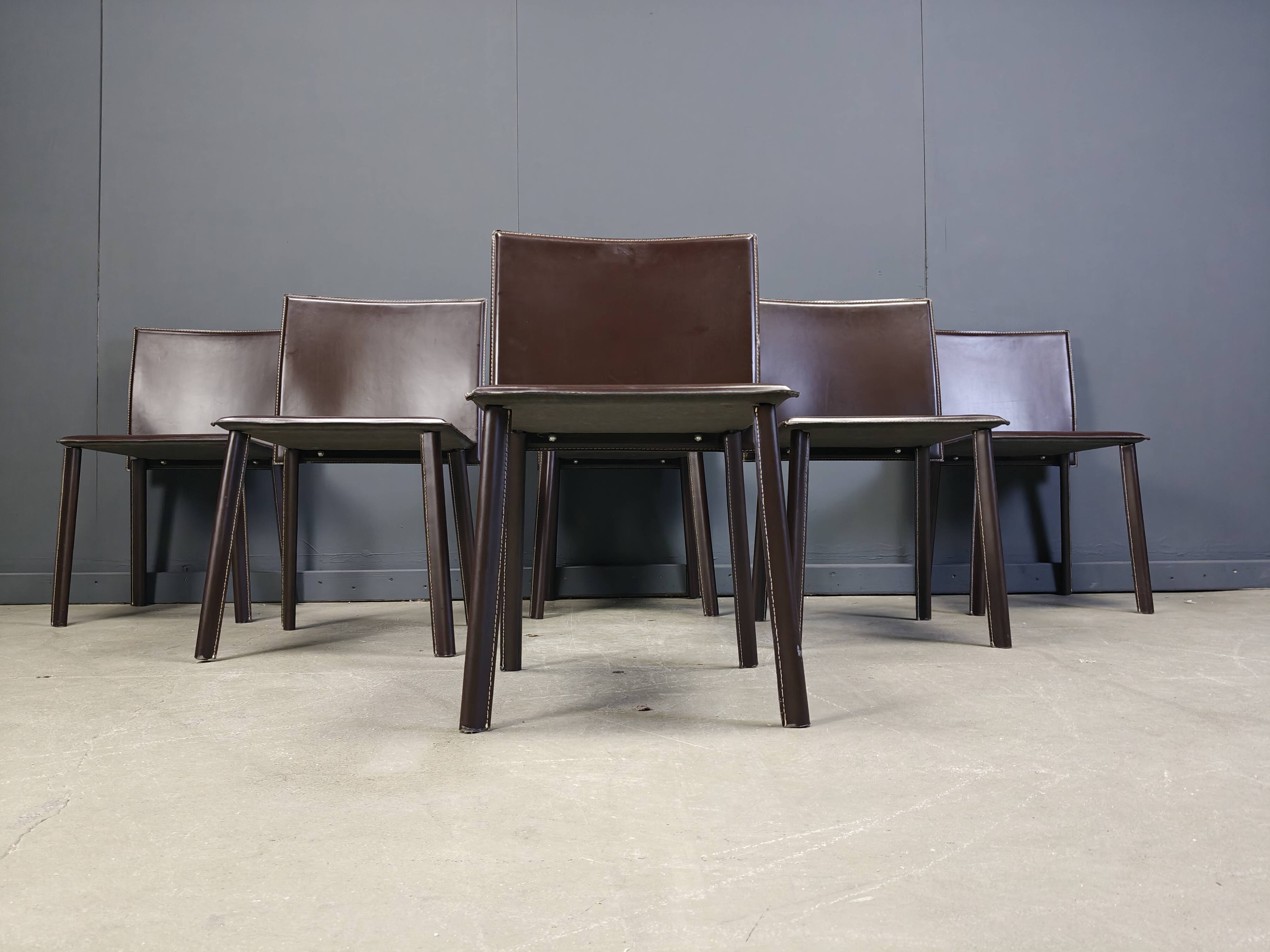 Vintage brown leather dining chairs, set of 6, 1980s