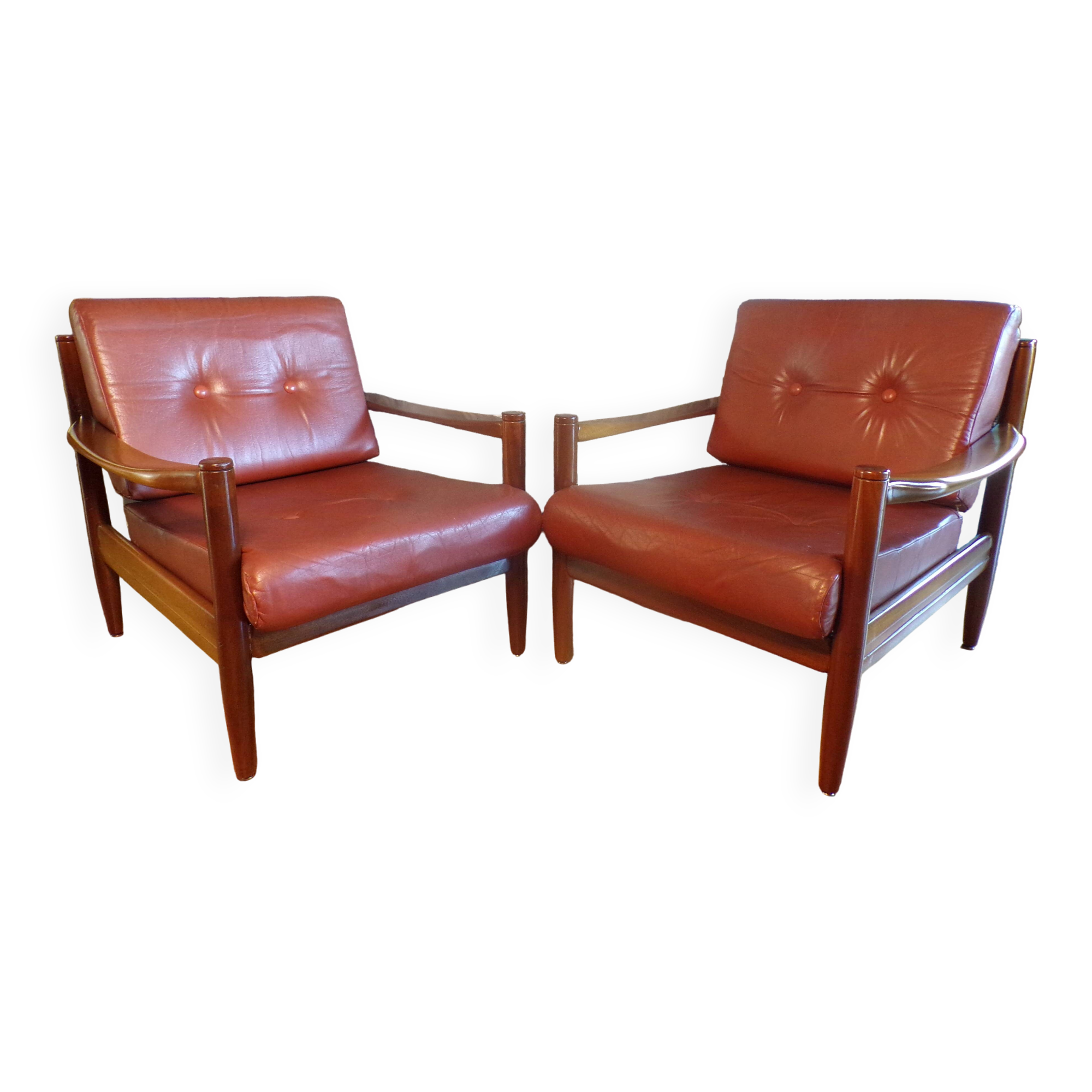 Pair of Scandinavian teak and leather armchairs
