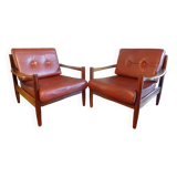 Pair of Scandinavian teak and leather armchairs