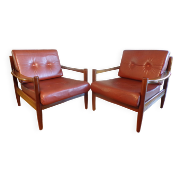 Pair of Scandinavian teak and leather armchairs