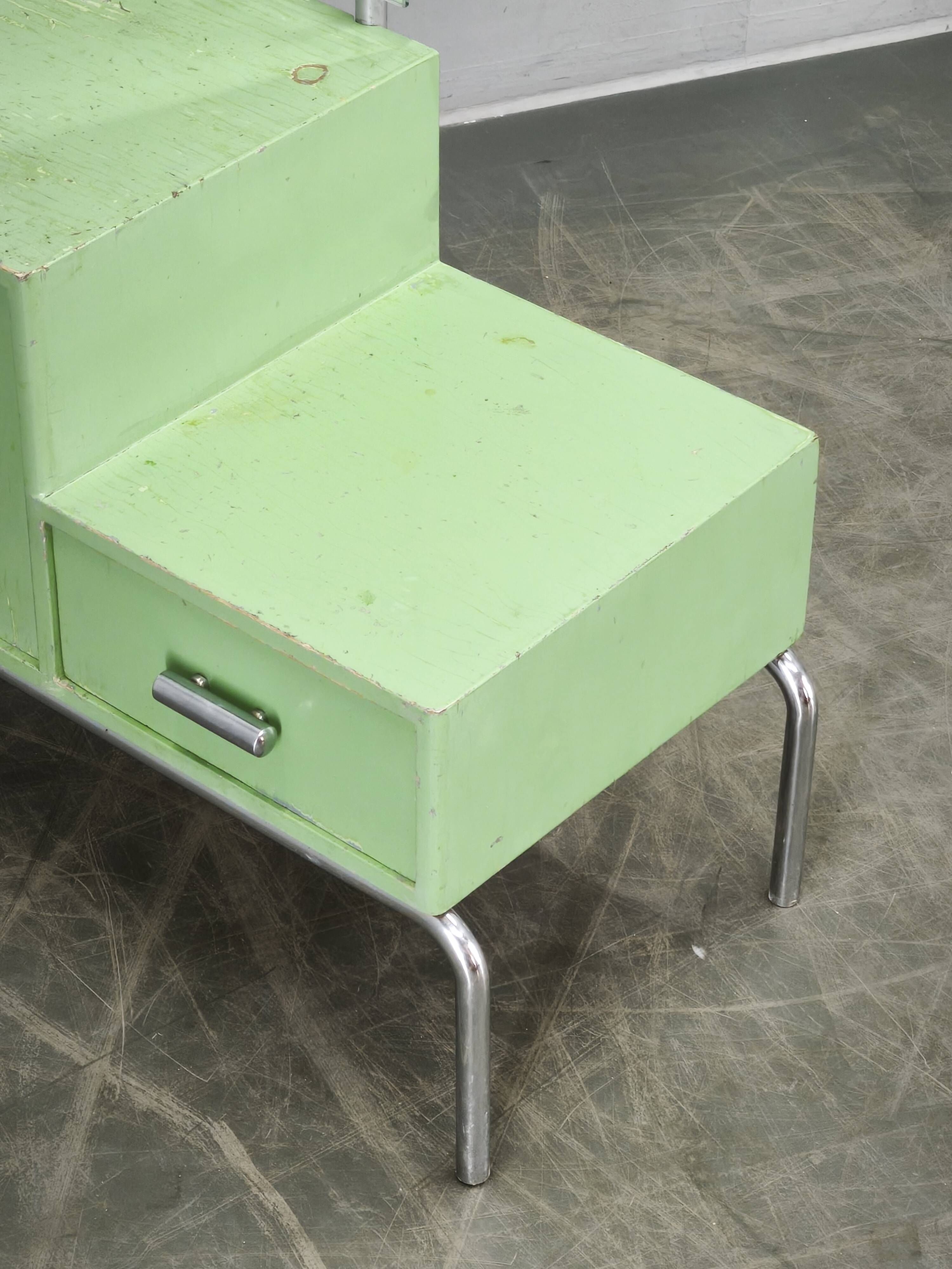 Bauhaus Czech Green Vanity Table with Mirror and Chrome Frame, 1930s