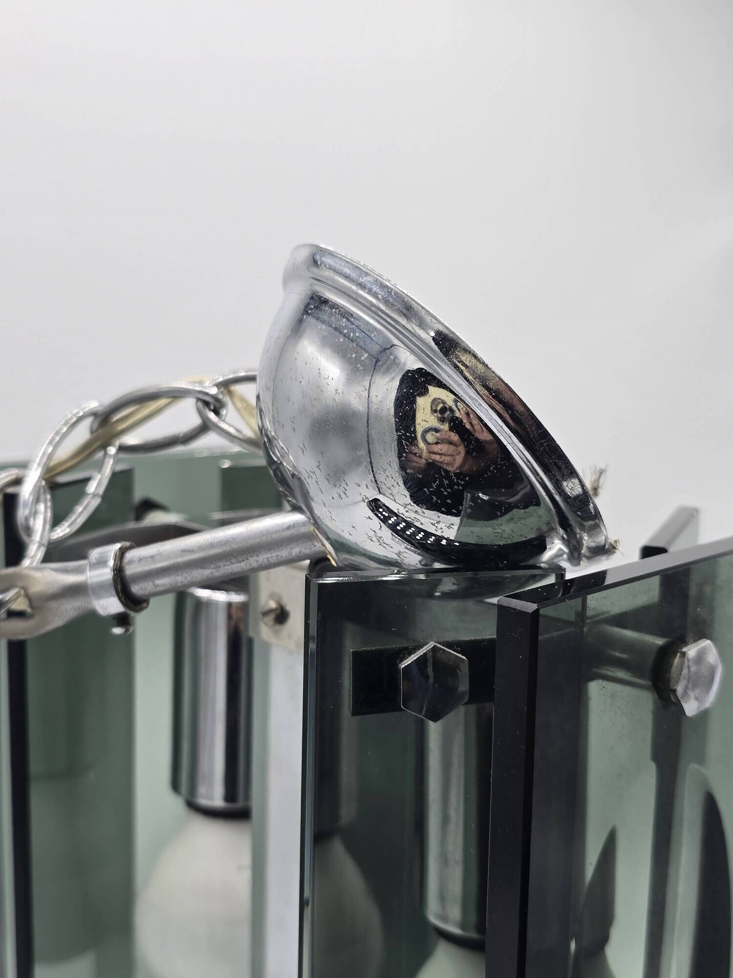 Green-grey glass and chrome metal suspension, in the style of Fontana Arte.