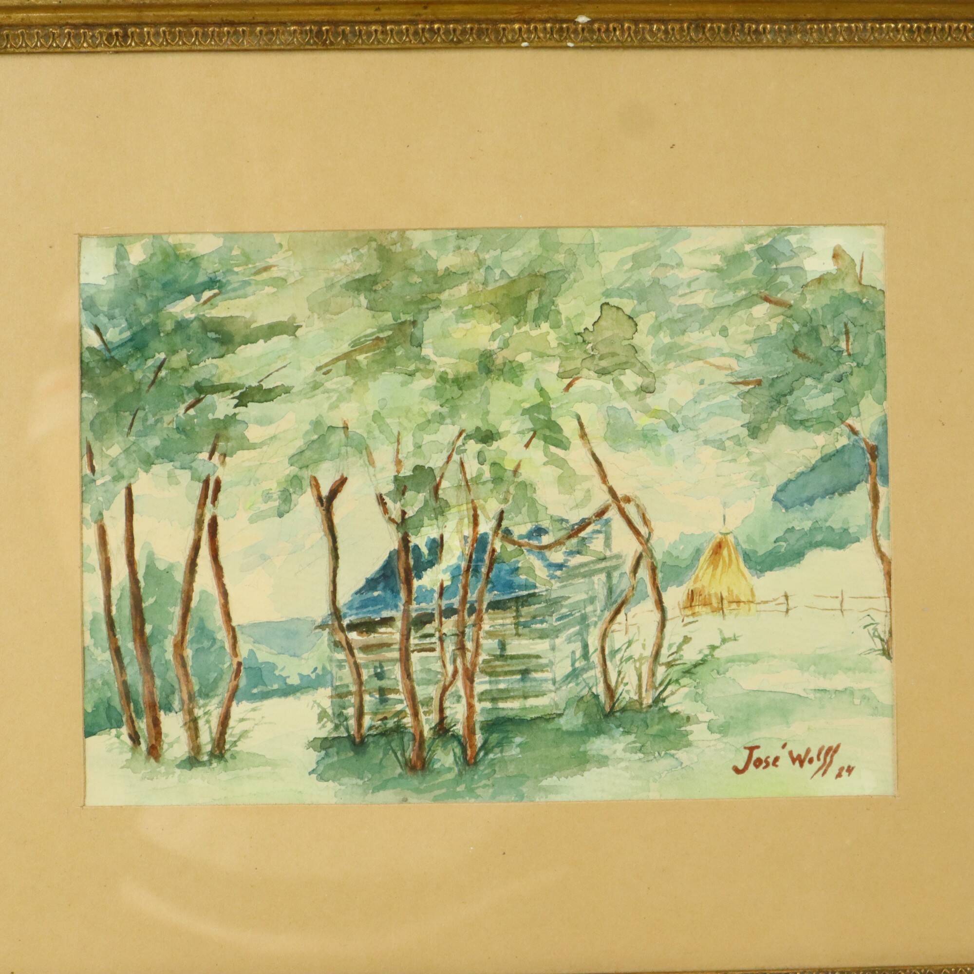 Watercolor José Wolff Art Painting Wooden Baroque Style Frame 1924