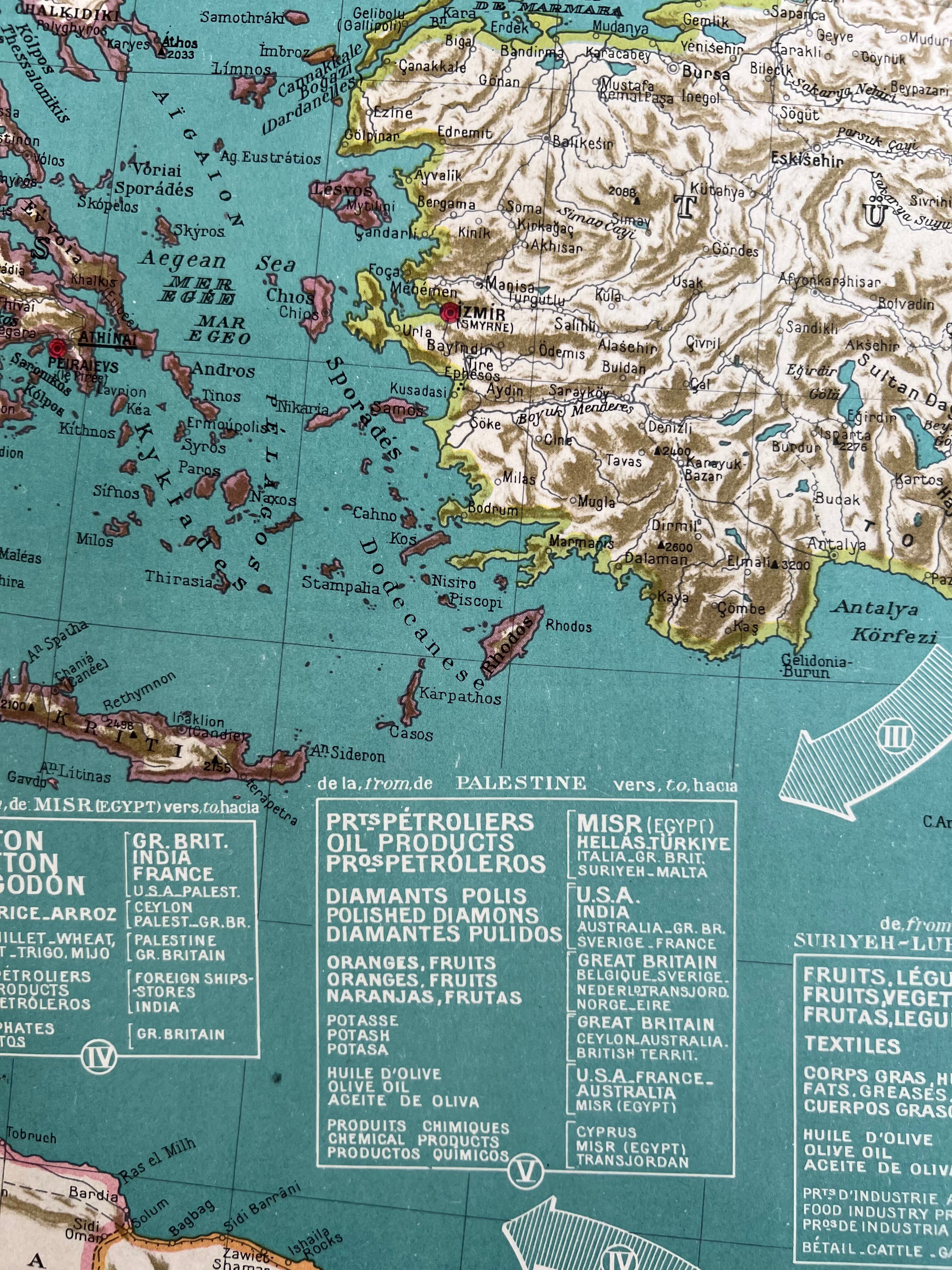Carte ancienne Méditerranée orientale — Flux commerciaux 1946 | Grèce,