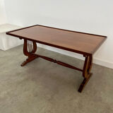 Old rectangular wood coffee table with lyre side posts