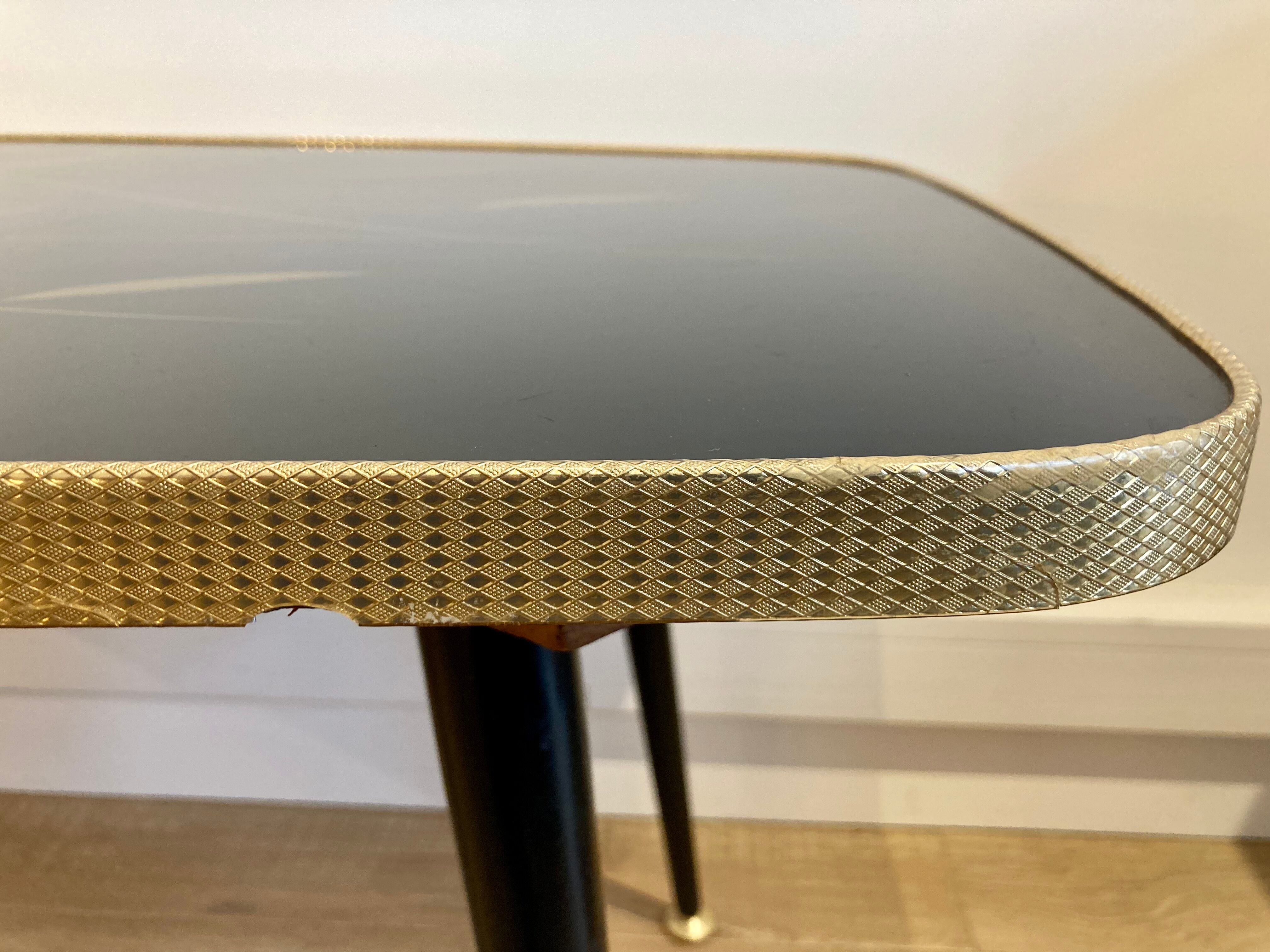 Black glass coffee table wooden legs 60s