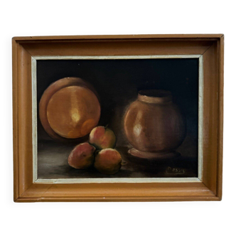 Oil on panel by Possis still life with fruits 20th century