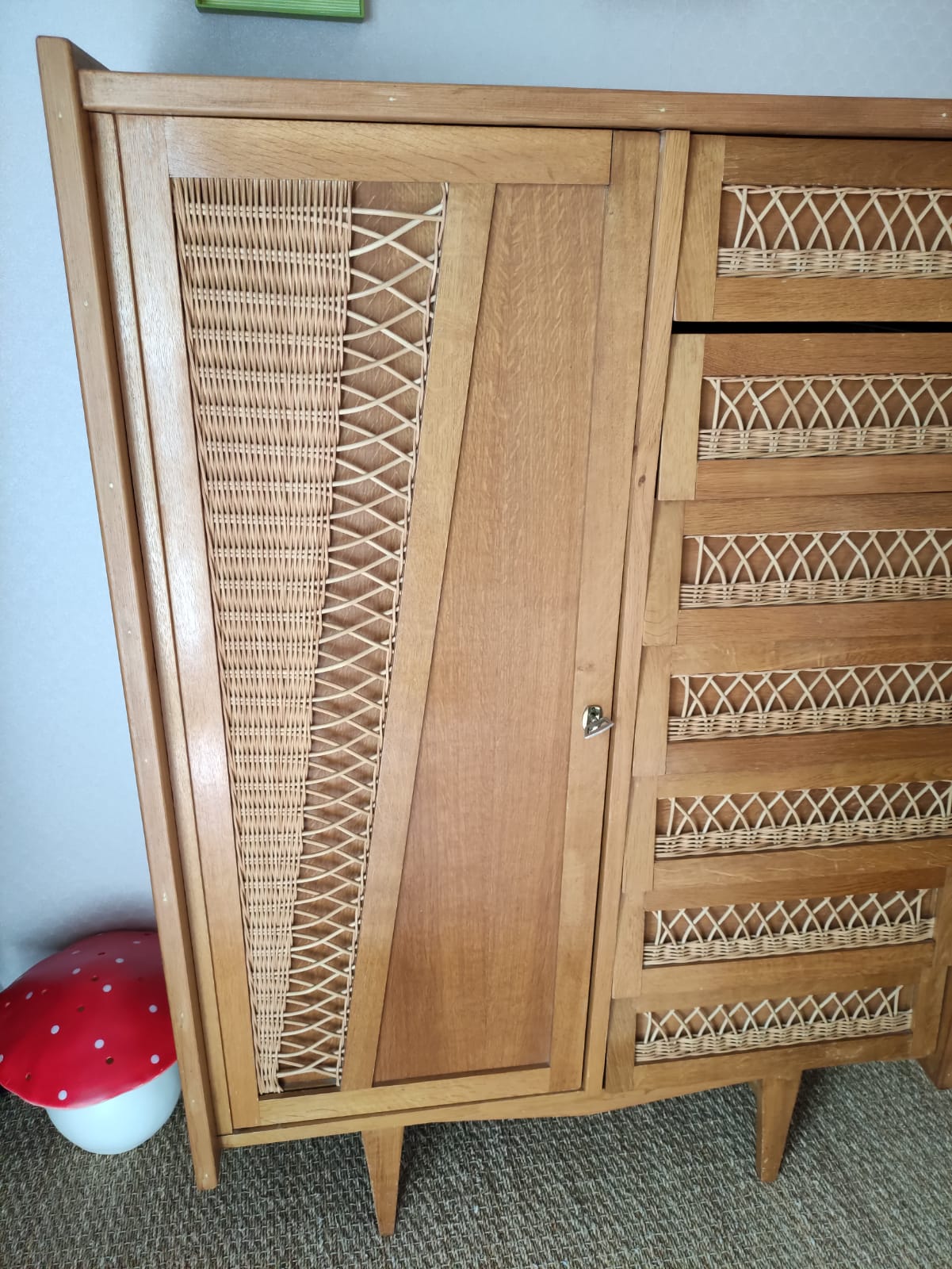 Vintage wood and rattan cabinet